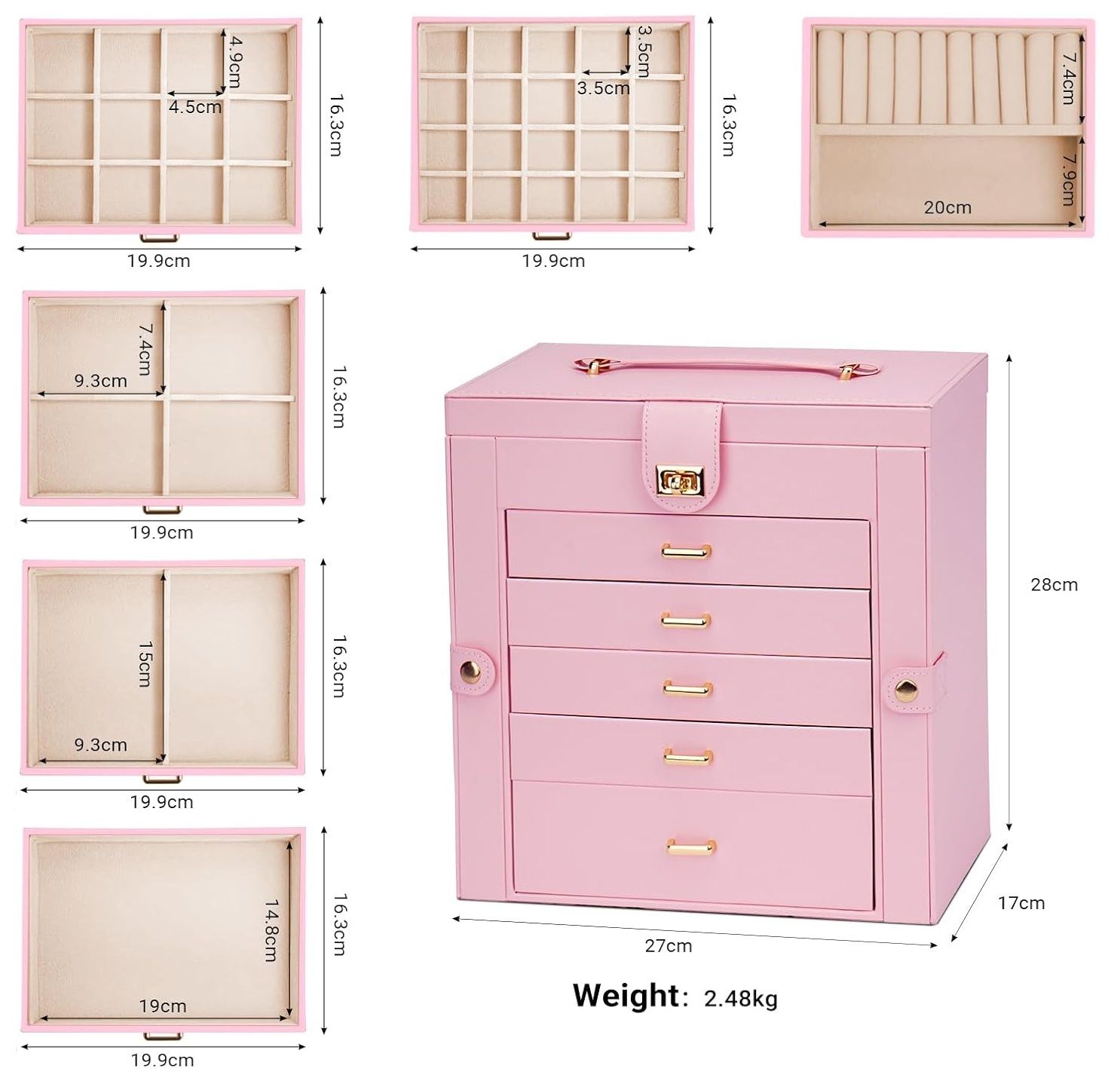 6 - Layer Large Jewelry Box for Women withDrawers, Mirror, Lock, Necklace Hooks & Side Compartments for Rings, Earrings, Bracelets, Gifts (Pink) - Fashion > Women's Fashion > Women's Jewellery - Rivercity House & Home Co. (ABN 18 642 972 209) - Affordable Modern Furniture Australia