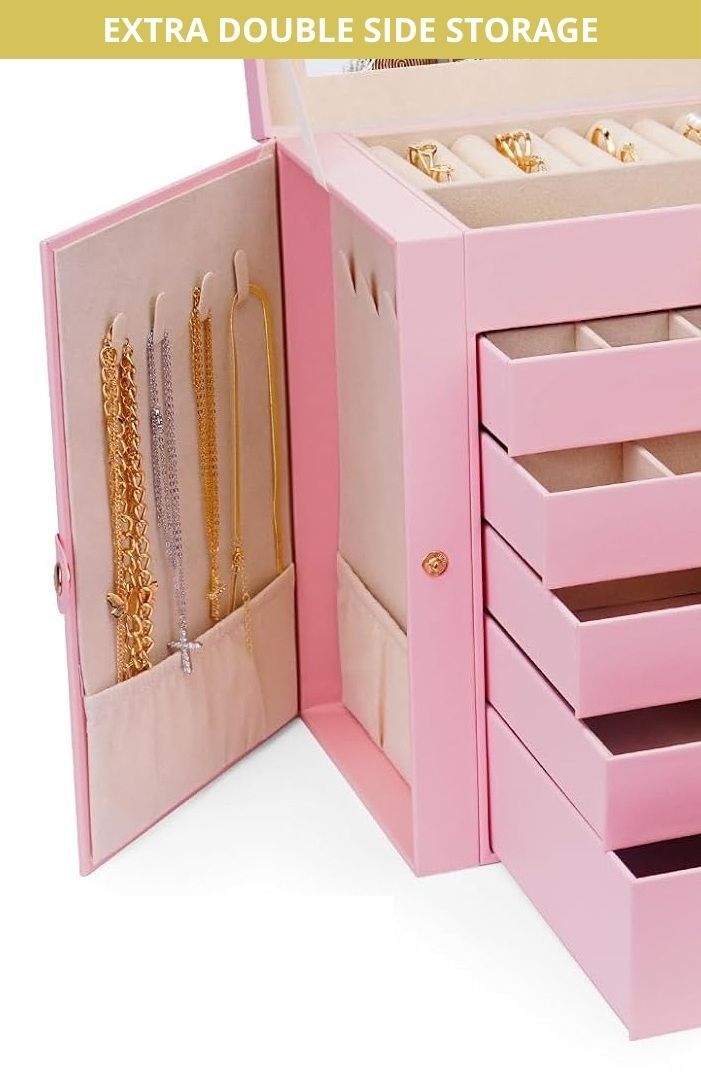 6 - Layer Large Jewelry Box for Women withDrawers, Mirror, Lock, Necklace Hooks & Side Compartments for Rings, Earrings, Bracelets, Gifts (Pink) - Fashion > Women's Fashion > Women's Jewellery - Rivercity House & Home Co. (ABN 18 642 972 209) - Affordable Modern Furniture Australia
