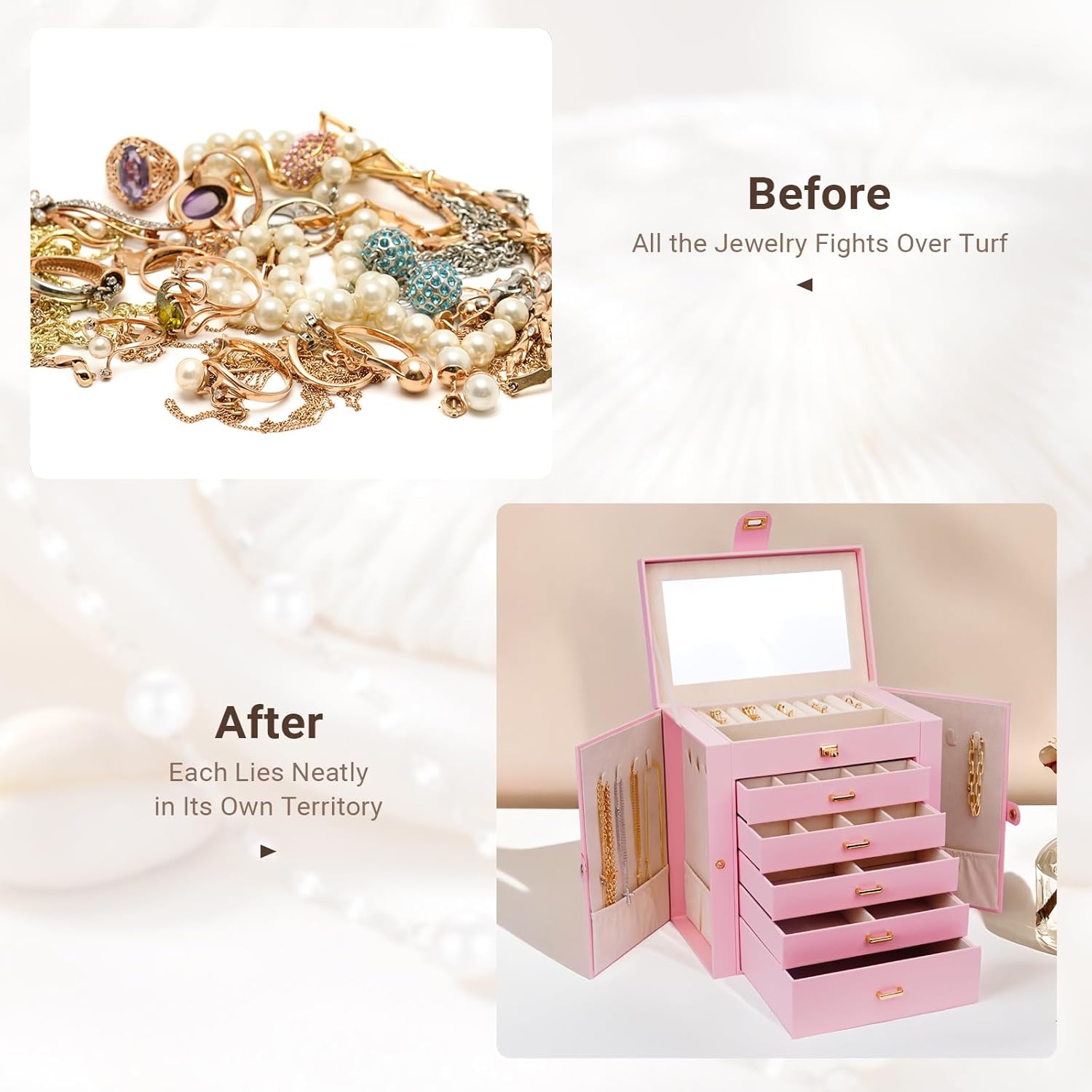 6 - Layer Large Jewelry Box for Women withDrawers, Mirror, Lock, Necklace Hooks & Side Compartments for Rings, Earrings, Bracelets, Gifts (Pink) - Fashion > Women's Fashion > Women's Jewellery - Rivercity House & Home Co. (ABN 18 642 972 209) - Affordable Modern Furniture Australia