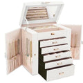 6-Layer Large Jewelry Box with Drawers, Mirror, Lock & Necklace Hooks for Rings, Earrings, Bracelets - White