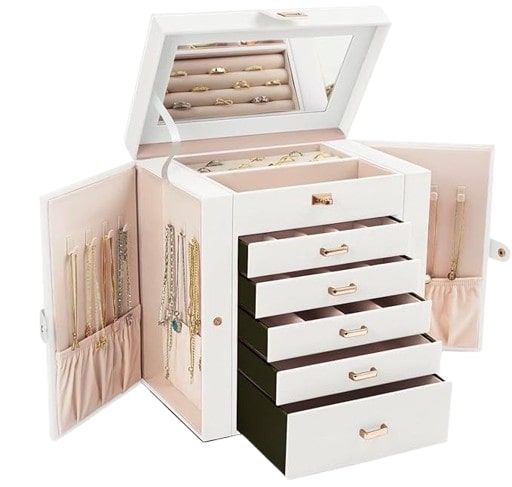 6 - Layer Large Jewelry Box for Women withDrawers, Mirror, Lock, Necklace Hooks & Side Compartments for Rings, Earrings, Bracelets, Gifts (White) - Fashion > Women's Fashion > Women's Jewellery - Rivercity House & Home Co. (ABN 18 642 972 209) - Affordable Modern Furniture Australia
