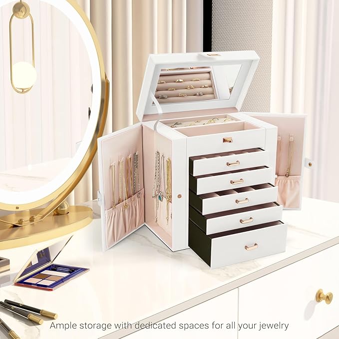 6 - Layer Large Jewelry Box for Women withDrawers, Mirror, Lock, Necklace Hooks & Side Compartments for Rings, Earrings, Bracelets, Gifts (White) - Fashion > Women's Fashion > Women's Jewellery - Rivercity House & Home Co. (ABN 18 642 972 209) - Affordable Modern Furniture Australia