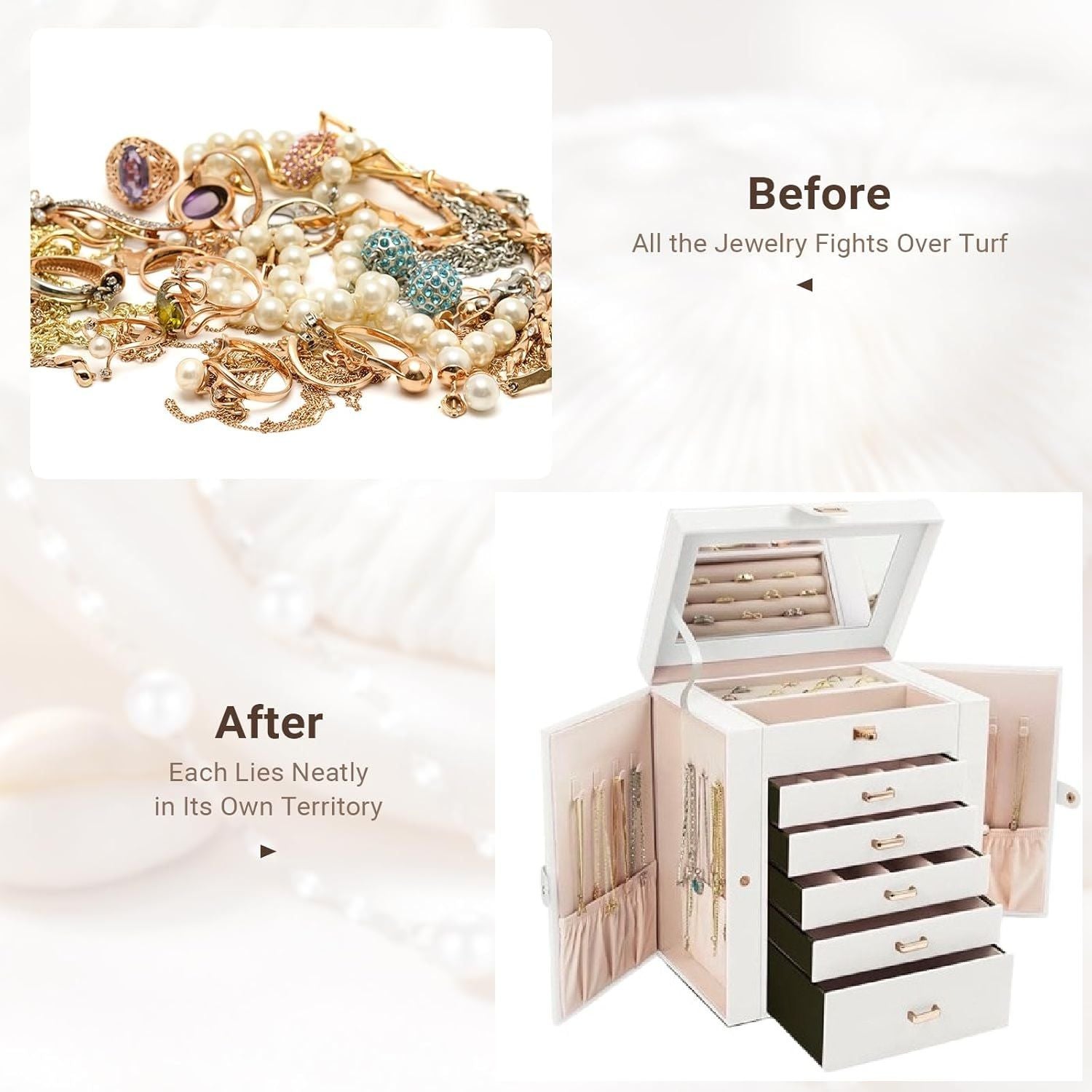 6 - Layer Large Jewelry Box for Women withDrawers, Mirror, Lock, Necklace Hooks & Side Compartments for Rings, Earrings, Bracelets, Gifts (White) - Fashion > Women's Fashion > Women's Jewellery - Rivercity House & Home Co. (ABN 18 642 972 209) - Affordable Modern Furniture Australia