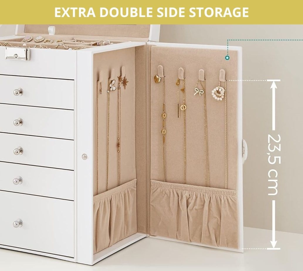 6 - Layer Large Jewelry Box for Women withDrawers, Mirror, Lock, Necklace Hooks & Side Compartments for Rings, Earrings, Bracelets, Gifts (White) - Fashion > Women's Fashion > Women's Jewellery - Rivercity House & Home Co. (ABN 18 642 972 209) - Affordable Modern Furniture Australia