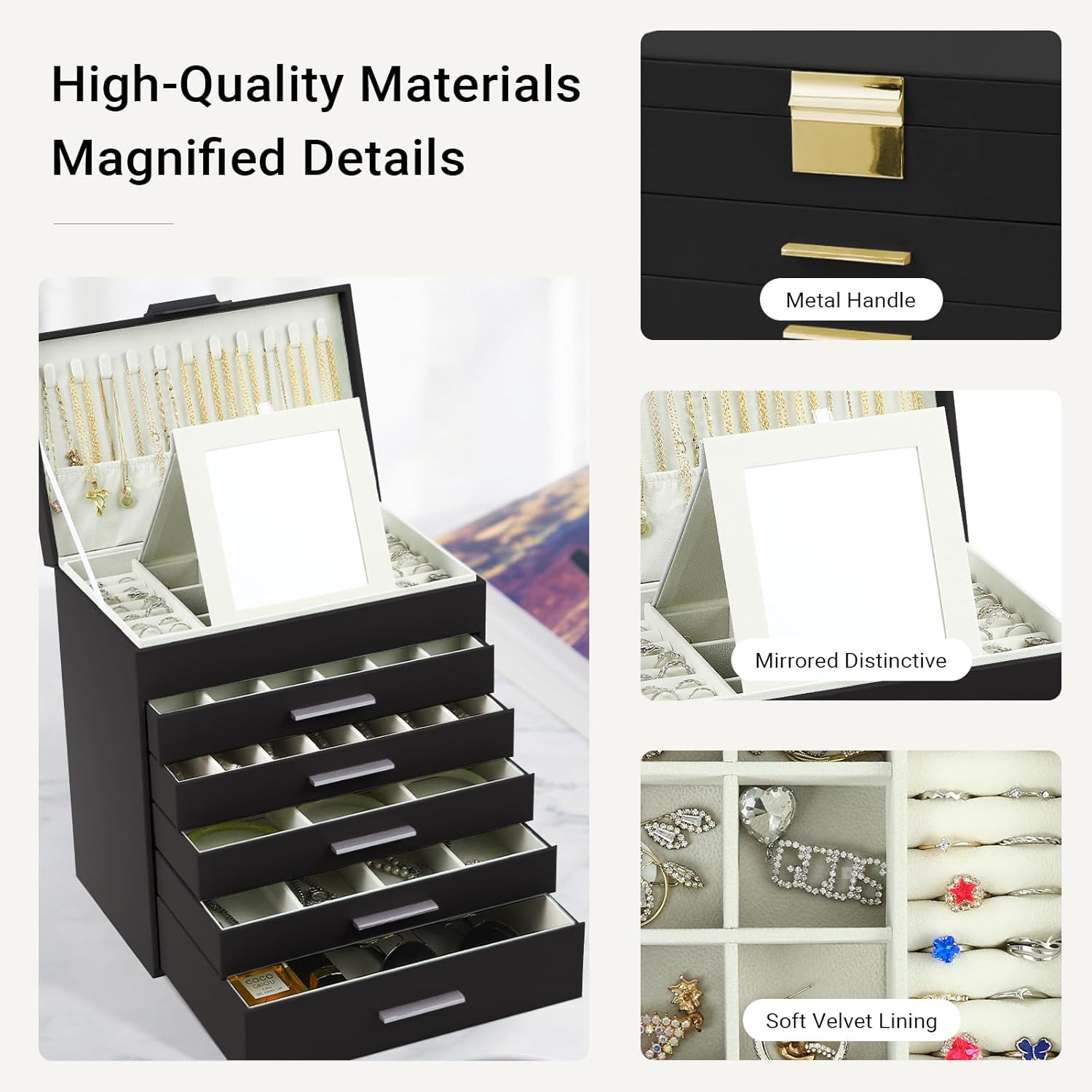 6 - Layer Large Jewelry Organizer Box for Women with Mirror, Drawers, Hooks & Dividers for Rings, Necklaces, Bracelets, Ideal Gift for Women (Black) - Health & Beauty > Cosmetic Storage > Makeup Organisation & Storage - Rivercity House & Home Co. (ABN 18 642 972 209) - Affordable Modern Furniture Australia