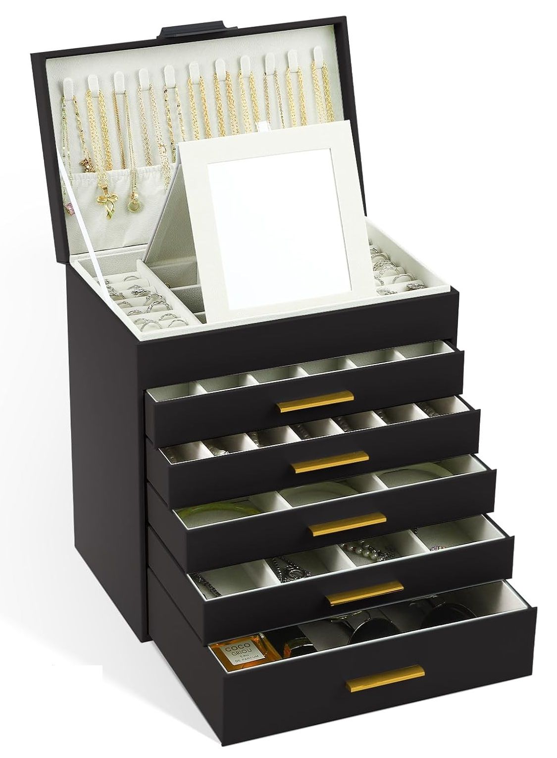 6 - Layer Large Jewelry Organizer Box for Women with Mirror, Drawers, Hooks & Dividers for Rings, Necklaces, Bracelets, Ideal Gift for Women (Black) - Health & Beauty > Cosmetic Storage > Makeup Organisation & Storage - Rivercity House & Home Co. (ABN 18 642 972 209) - Affordable Modern Furniture Australia