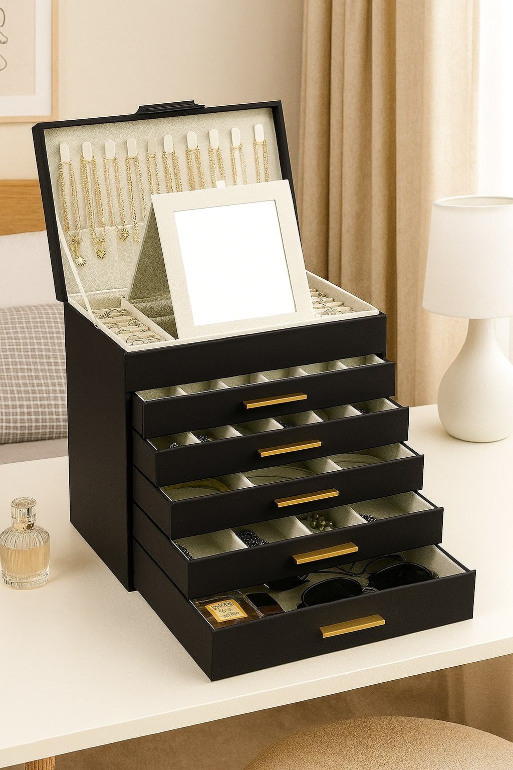6 - Layer Large Jewelry Organizer Box for Women with Mirror, Drawers, Hooks & Dividers for Rings, Necklaces, Bracelets, Ideal Gift for Women (Black) - Health & Beauty > Cosmetic Storage > Makeup Organisation & Storage - Rivercity House & Home Co. (ABN 18 642 972 209) - Affordable Modern Furniture Australia