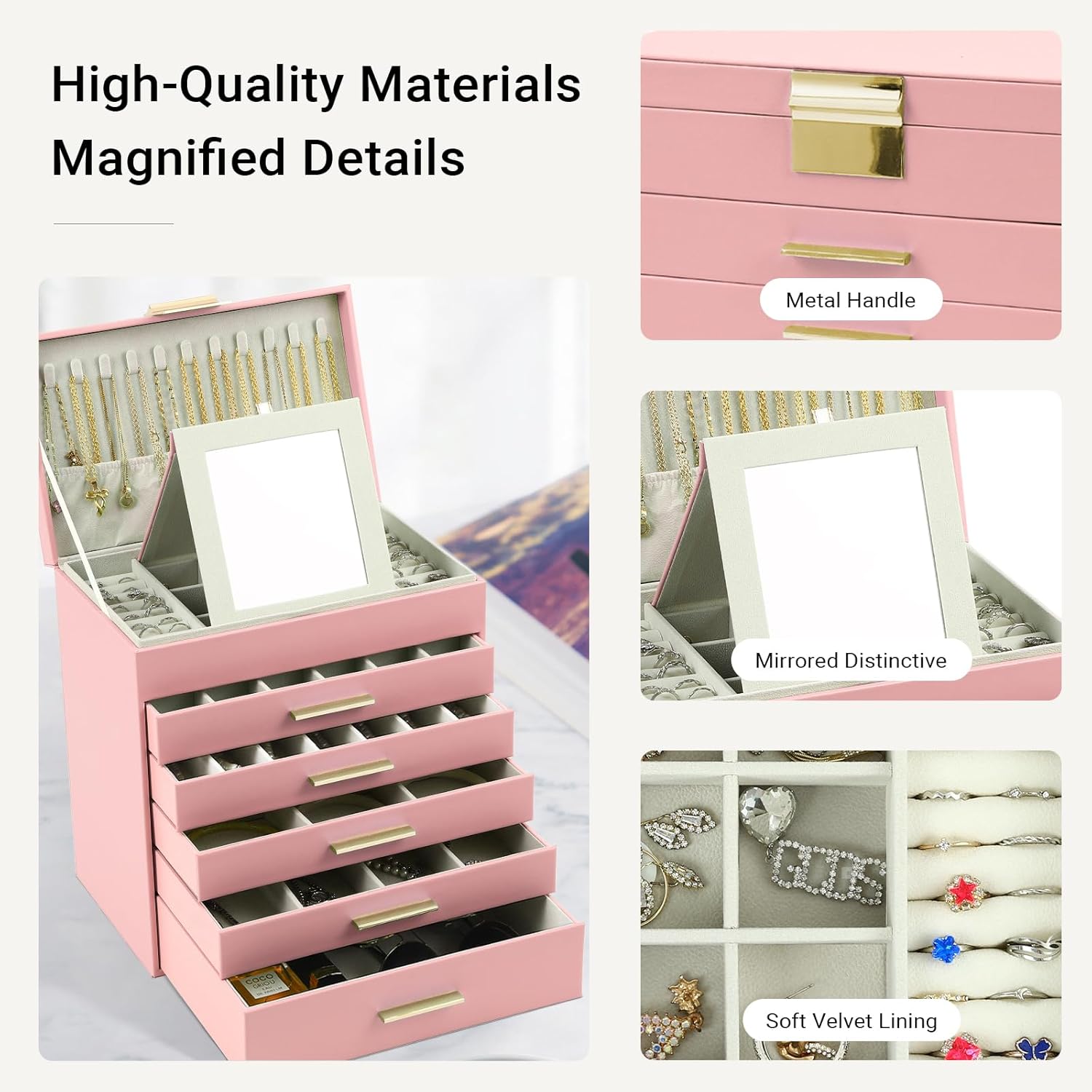 6 - Layer Large Jewelry Organizer Box for Women with Mirror, Drawers, Hooks & Dividers for Rings, Necklaces, Bracelets, Ideal Gift for Women (Pink) - Health & Beauty > Cosmetic Storage > Makeup Organisation & Storage - Rivercity House & Home Co. (ABN 18 642 972 209) - Affordable Modern Furniture Australia