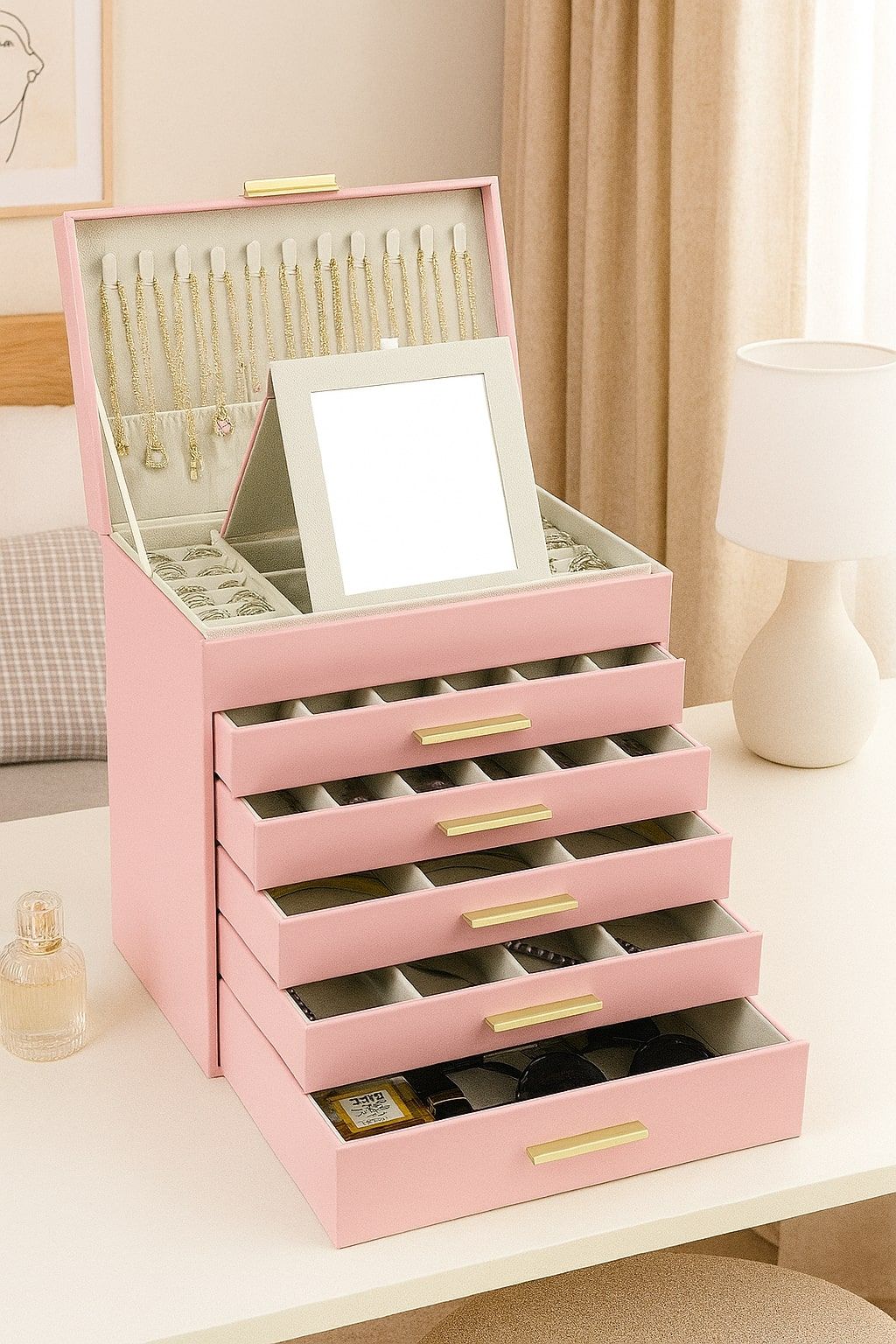6 - Layer Large Jewelry Organizer Box for Women with Mirror, Drawers, Hooks & Dividers for Rings, Necklaces, Bracelets, Ideal Gift for Women (Pink) - Health & Beauty > Cosmetic Storage > Makeup Organisation & Storage - Rivercity House & Home Co. (ABN 18 642 972 209) - Affordable Modern Furniture Australia