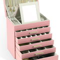 6-Layer Large Jewelry Organiser Box with Mirror, Drawers, Hooks & Dividers for Rings, Necklaces, Bracelets - Pink