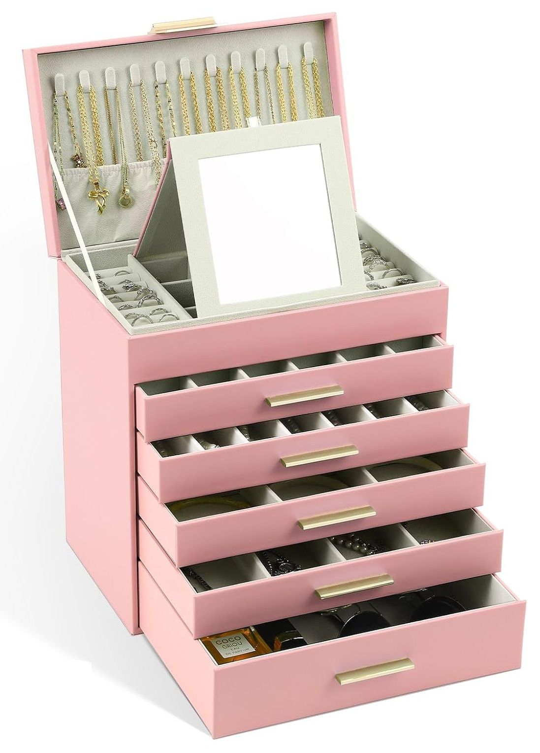 6 - Layer Large Jewelry Organizer Box for Women with Mirror, Drawers, Hooks & Dividers for Rings, Necklaces, Bracelets, Ideal Gift for Women (Pink) - Health & Beauty > Cosmetic Storage > Makeup Organisation & Storage - Rivercity House & Home Co. (ABN 18 642 972 209) - Affordable Modern Furniture Australia