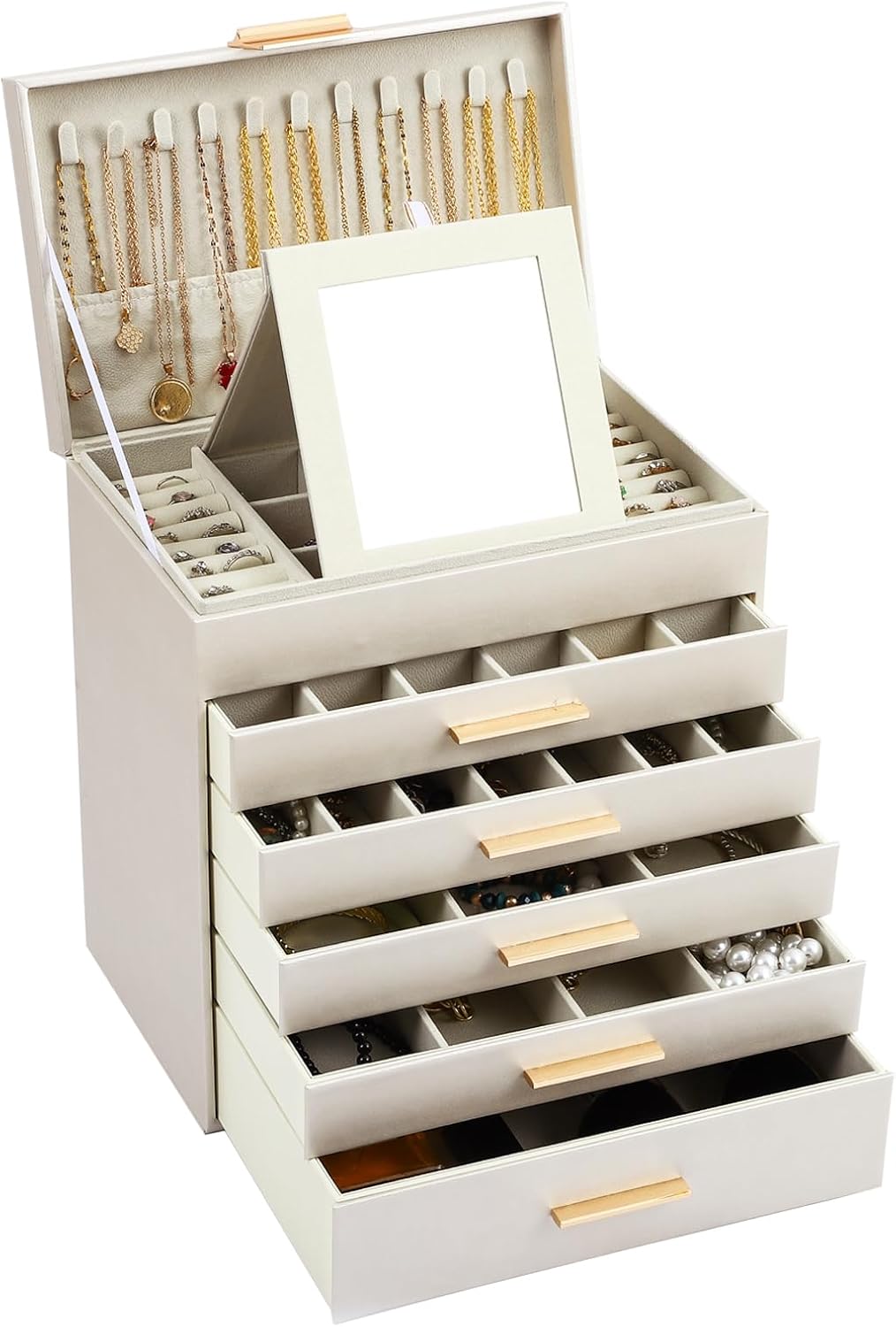 6 - Layer Large Jewelry Organizer Box for Women with Mirror, Drawers, Hooks & Dividers for Rings, Necklaces, Bracelets, Ideal Gift for Women (White) - Health & Beauty > Cosmetic Storage > Makeup Organisation & Storage - Rivercity House & Home Co. (ABN 18 642 972 209) - Affordable Modern Furniture Australia