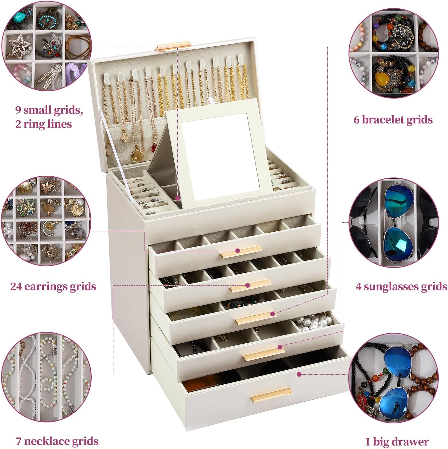 6 - Layer Large Jewelry Organizer Box for Women with Mirror, Drawers, Hooks & Dividers for Rings, Necklaces, Bracelets, Ideal Gift for Women (White) - Health & Beauty > Cosmetic Storage > Makeup Organisation & Storage - Rivercity House & Home Co. (ABN 18 642 972 209) - Affordable Modern Furniture Australia