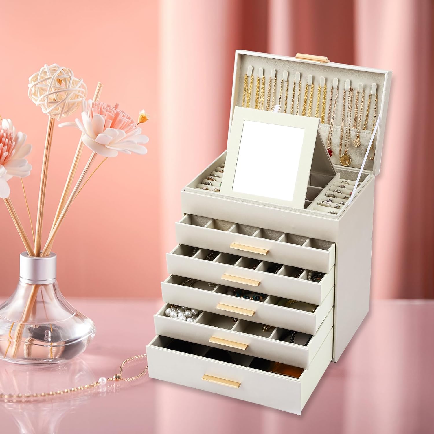 6 - Layer Large Jewelry Organizer Box for Women with Mirror, Drawers, Hooks & Dividers for Rings, Necklaces, Bracelets, Ideal Gift for Women (White) - Health & Beauty > Cosmetic Storage > Makeup Organisation & Storage - Rivercity House & Home Co. (ABN 18 642 972 209) - Affordable Modern Furniture Australia