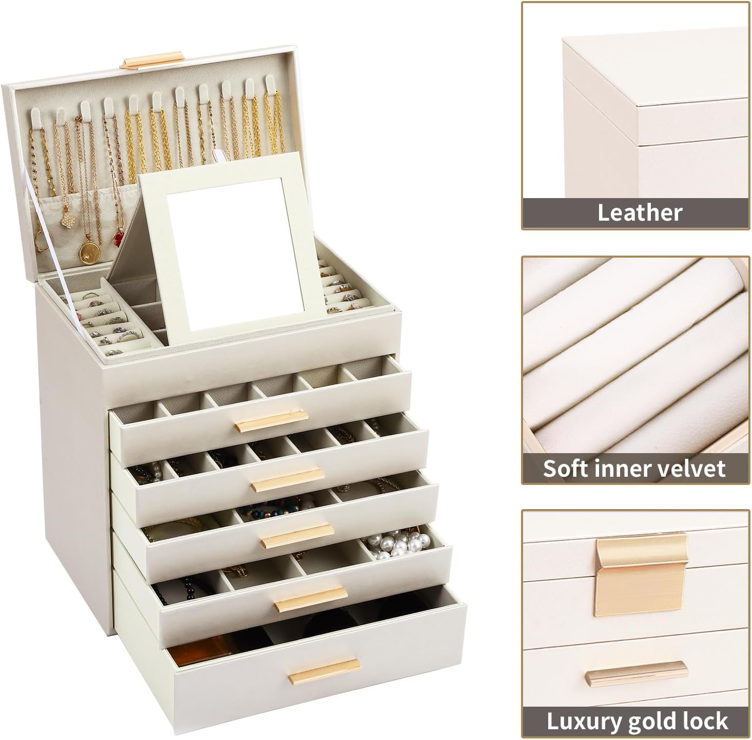 6 - Layer Large Jewelry Organizer Box for Women with Mirror, Drawers, Hooks & Dividers for Rings, Necklaces, Bracelets, Ideal Gift for Women (White) - Health & Beauty > Cosmetic Storage > Makeup Organisation & Storage - Rivercity House & Home Co. (ABN 18 642 972 209) - Affordable Modern Furniture Australia