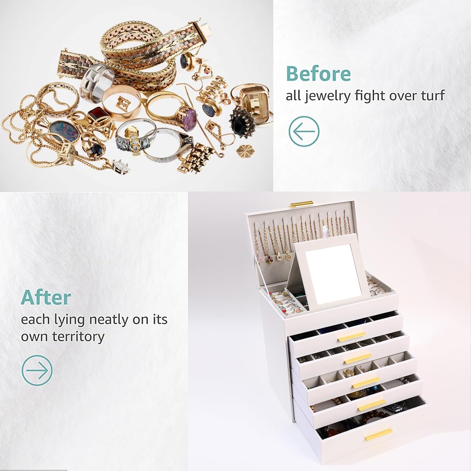 6 - Layer Large Jewelry Organizer Box for Women with Mirror, Drawers, Hooks & Dividers for Rings, Necklaces, Bracelets, Ideal Gift for Women (White) - Health & Beauty > Cosmetic Storage > Makeup Organisation & Storage - Rivercity House & Home Co. (ABN 18 642 972 209) - Affordable Modern Furniture Australia