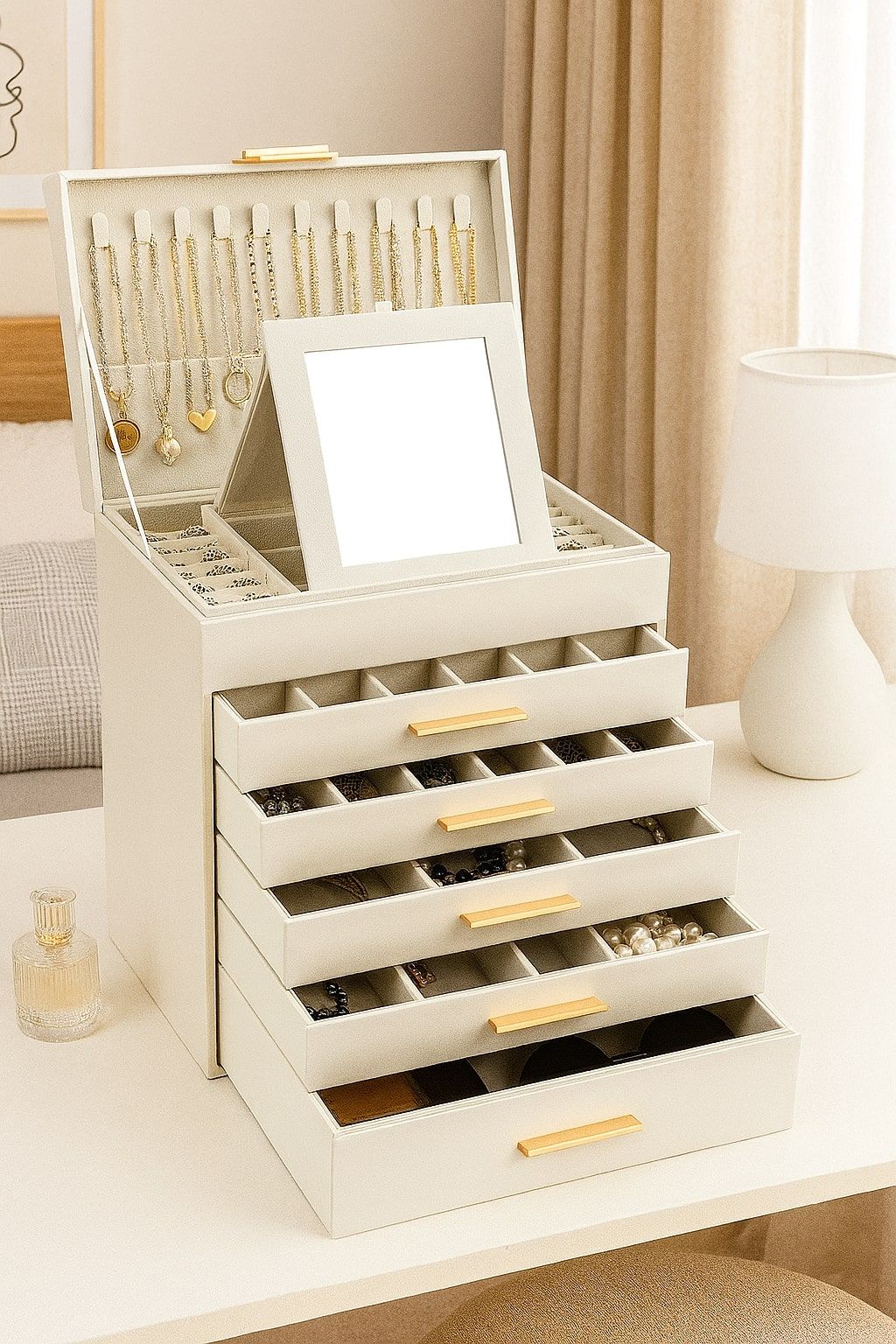 6 - Layer Large Jewelry Organizer Box for Women with Mirror, Drawers, Hooks & Dividers for Rings, Necklaces, Bracelets, Ideal Gift for Women (White) - Health & Beauty > Cosmetic Storage > Makeup Organisation & Storage - Rivercity House & Home Co. (ABN 18 642 972 209) - Affordable Modern Furniture Australia