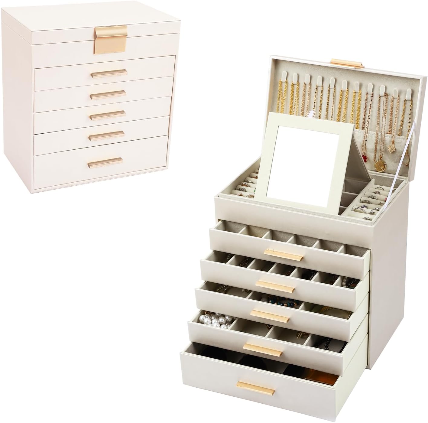 6 - Layer Large Jewelry Organizer Box for Women with Mirror, Drawers, Hooks & Dividers for Rings, Necklaces, Bracelets, Ideal Gift for Women (White) - Health & Beauty > Cosmetic Storage > Makeup Organisation & Storage - Rivercity House & Home Co. (ABN 18 642 972 209) - Affordable Modern Furniture Australia