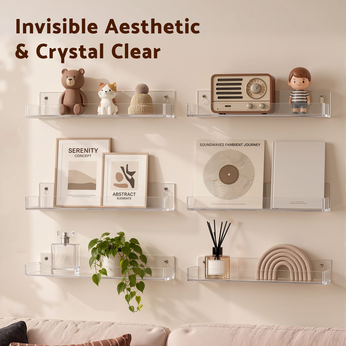 6-Pack Acrylic Floating Wall Shelves with Detachable Panels & Front Lip - Clear - Furniture > Living Room > Bookcases & Shelves - Rivercity House & Home Co. (ABN 18 642 972 209) - Affordable Modern Furniture Australia