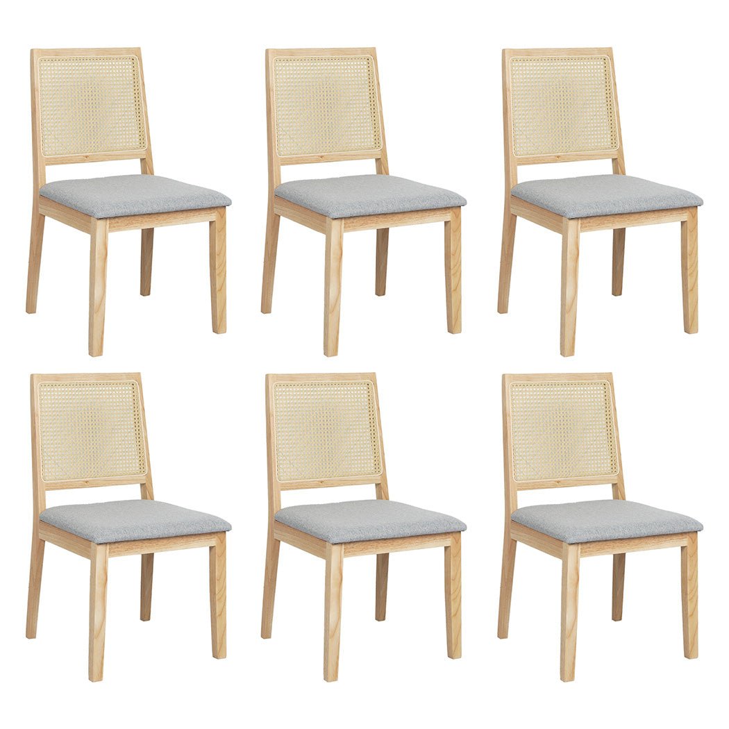 6 - Pack Cane Rattan Armless Dining Chairs with Upholstered Seat - Natural & Grey - Rivercity House & Home Co. (ABN 18 642 972 209) - Affordable Modern Furniture Australia