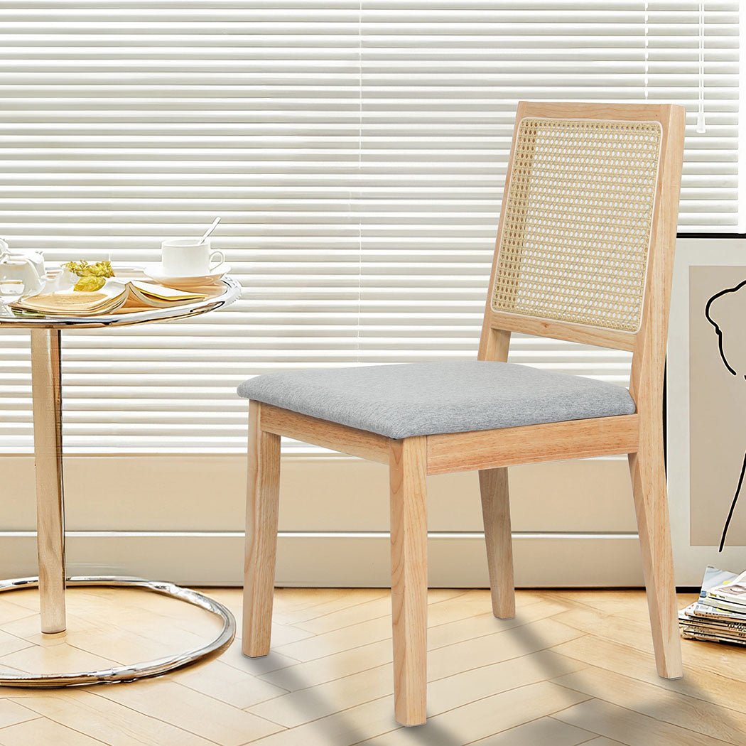 6 - Pack Cane Rattan Armless Dining Chairs with Upholstered Seat - Natural & Grey - Rivercity House & Home Co. (ABN 18 642 972 209) - Affordable Modern Furniture Australia