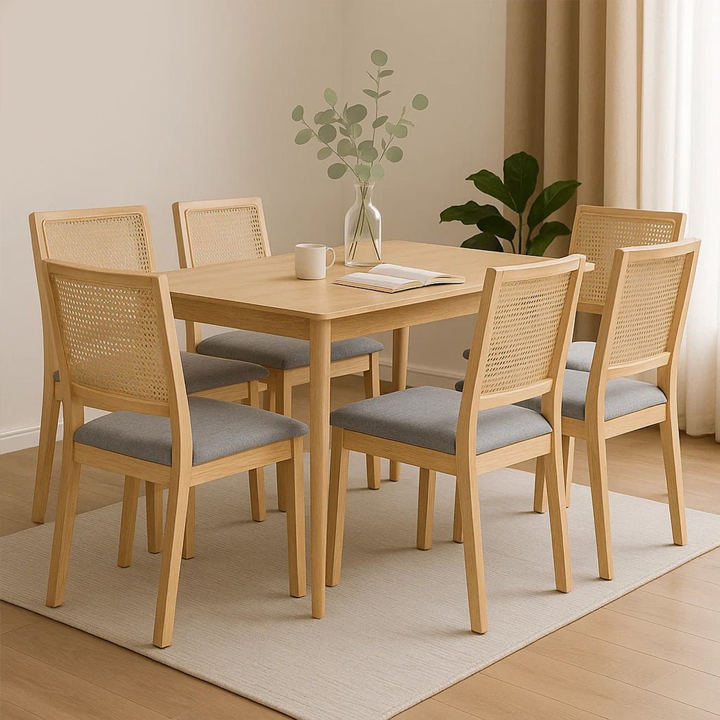 6 - Pack Cane Rattan Armless Dining Chairs with Upholstered Seat - Natural & Grey - Rivercity House & Home Co. (ABN 18 642 972 209) - Affordable Modern Furniture Australia