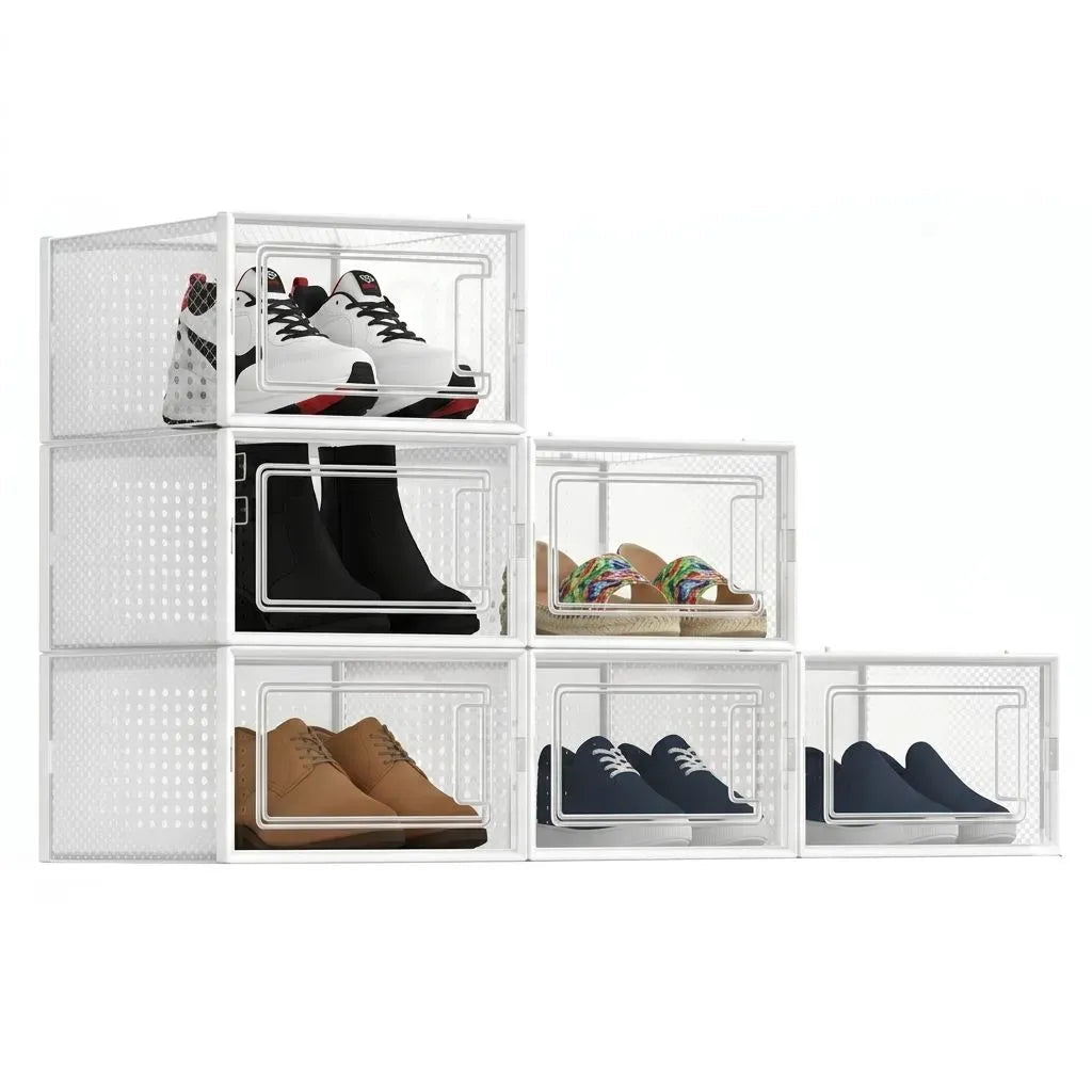 6-Pack Clear Stackable Shoe Storage Boxes 33x23x14cm - White - Furniture > Living Room > Shoe Storage - Rivercity House & Home Co. (ABN 18 642 972 209) - Affordable Modern Furniture Australia