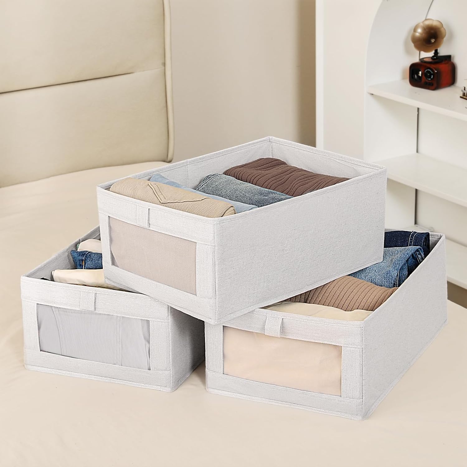 6 Pack Closet Storage Bins with Clear Window for Shelves, Wardrobe & Bedroom Organization - Natural Linen - Home & Garden > Storage > Clothing & Wardrobe Storage - Rivercity House & Home Co. (ABN 18 642 972 209) - Affordable Modern Furniture Australia