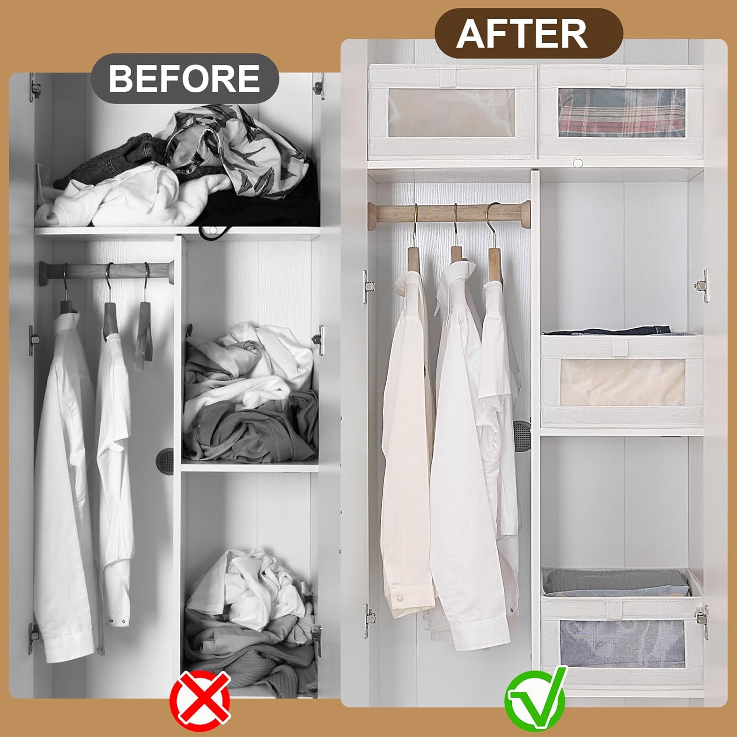 6 Pack Closet Storage Bins with Clear Window for Shelves, Wardrobe & Bedroom Organization - Natural Linen - Home & Garden > Storage > Clothing & Wardrobe Storage - Rivercity House & Home Co. (ABN 18 642 972 209) - Affordable Modern Furniture Australia