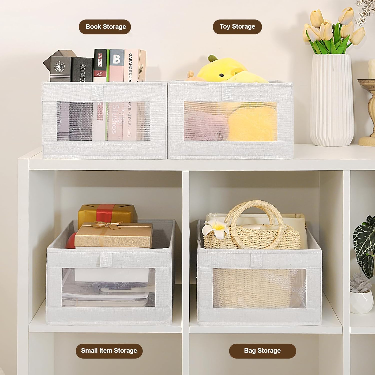 6 Pack Closet Storage Bins with Clear Window for Shelves, Wardrobe & Bedroom Organization - Natural Linen - Home & Garden > Storage > Clothing & Wardrobe Storage - Rivercity House & Home Co. (ABN 18 642 972 209) - Affordable Modern Furniture Australia
