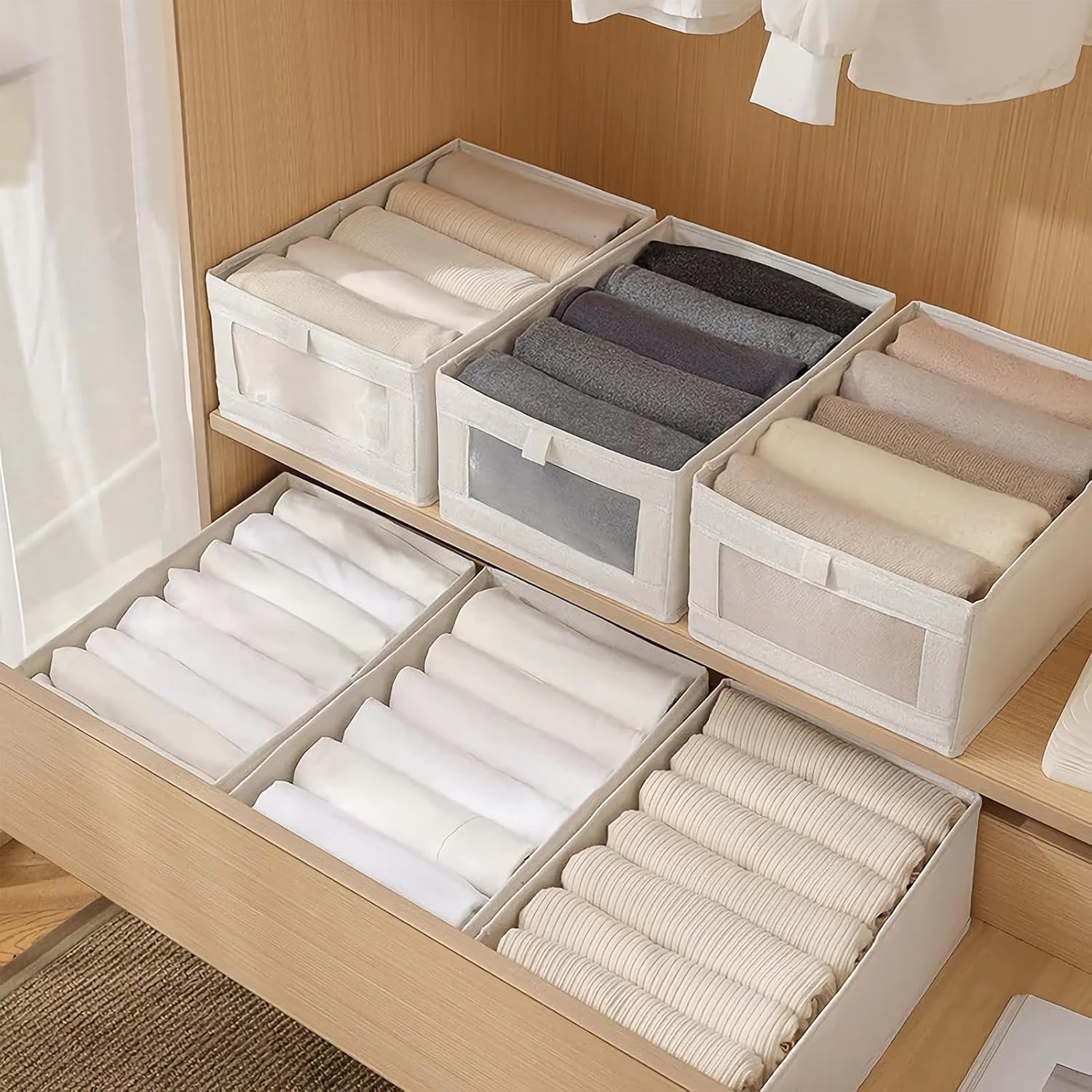 6 Pack Closet Storage Bins with Clear Window for Shelves, Wardrobe & Bedroom Organization - Natural Linen - Home & Garden > Storage > Clothing & Wardrobe Storage - Rivercity House & Home Co. (ABN 18 642 972 209) - Affordable Modern Furniture Australia