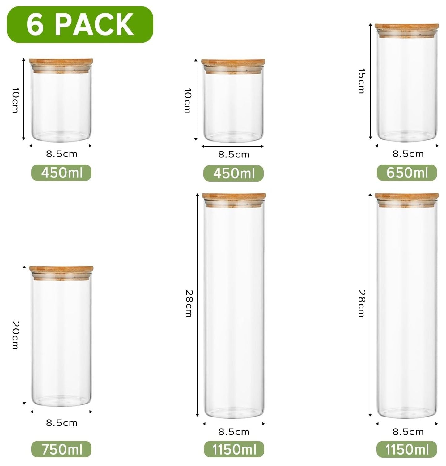 6 Pack Glass Storage Jars with Bamboo Lids for Kitchen Pantry, Pasta, Snacks, Cookies, Candy & More - Home & Garden > Kitchenware > Food Storage - Rivercity House & Home Co. (ABN 18 642 972 209) - Affordable Modern Furniture Australia
