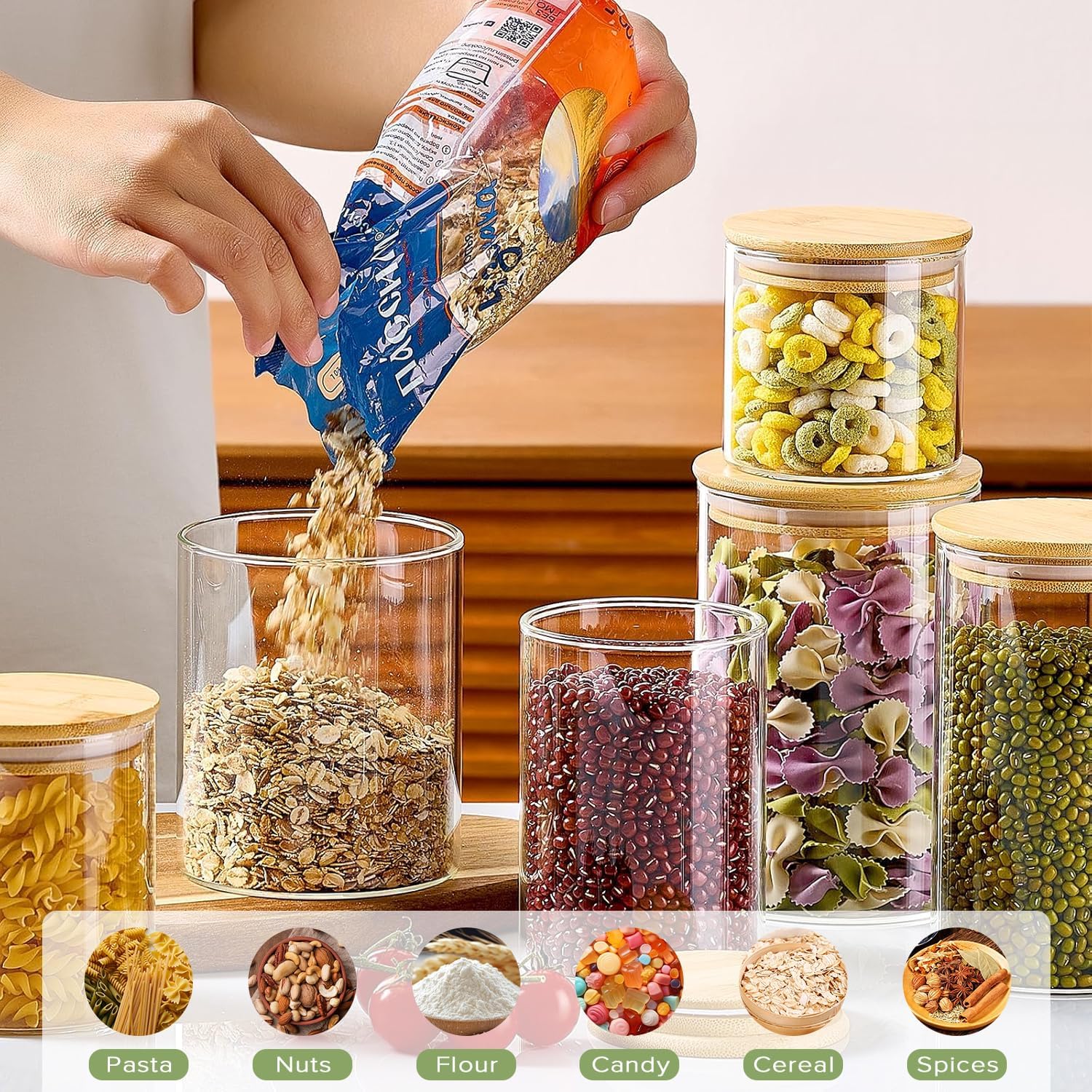 6 Pack Glass Storage Jars with Bamboo Lids for Kitchen Pantry, Pasta, Snacks, Cookies, Candy & More - Home & Garden > Kitchenware > Food Storage - Rivercity House & Home Co. (ABN 18 642 972 209) - Affordable Modern Furniture Australia