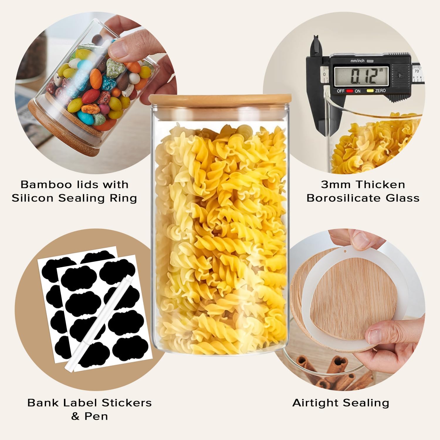 6 Pack Glass Storage Jars with Bamboo Lids for Kitchen Pantry, Pasta, Snacks, Cookies, Candy & More - Home & Garden > Kitchenware > Food Storage - Rivercity House & Home Co. (ABN 18 642 972 209) - Affordable Modern Furniture Australia