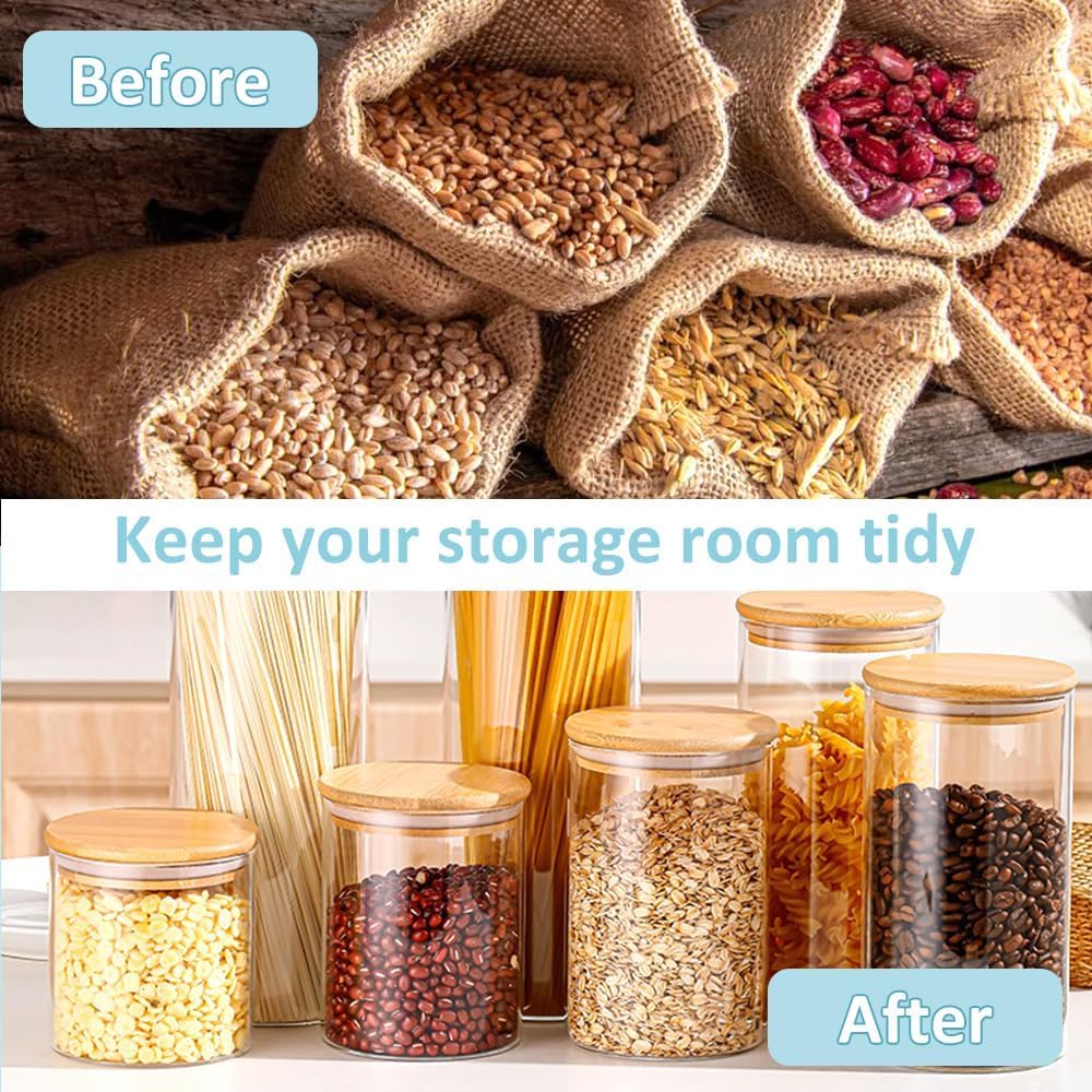 6 Pack Glass Storage Jars with Bamboo Lids for Kitchen Pantry, Pasta, Snacks, Cookies, Candy & More - Home & Garden > Kitchenware > Food Storage - Rivercity House & Home Co. (ABN 18 642 972 209) - Affordable Modern Furniture Australia