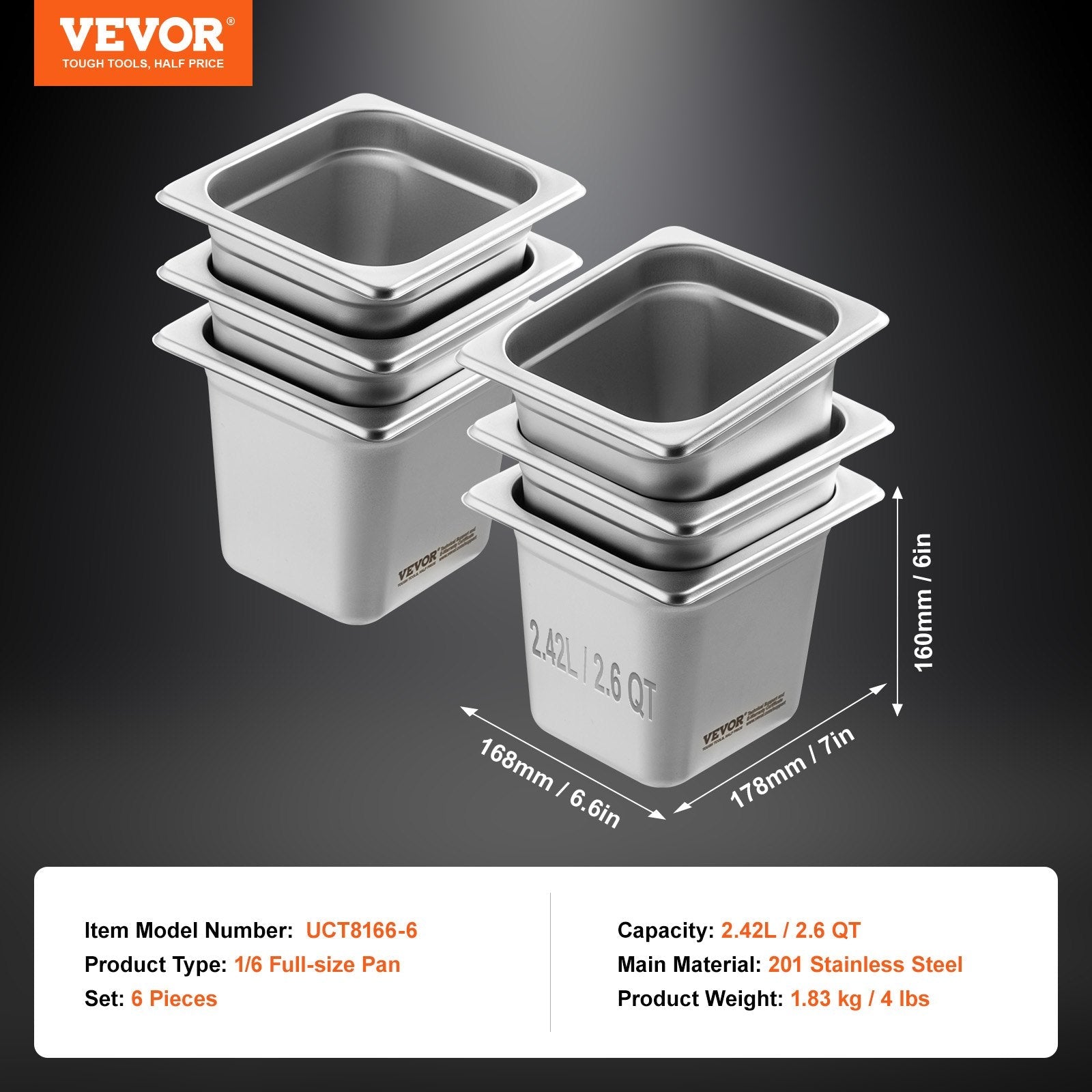 6 Pack Hotel Pans, 1/6 Size Anti - Jam Steam Pan, 0.8mm Thick Stainless Steel Restaurant Steam Table Pan, 6 - Inch Deep Commercial Table Pan, Catering Storage Food Pan, for Industrial & Scientific - Home & Garden > Kitchenware > Food Storage - Rivercity House & Home Co. (ABN 18 642 972 209) - Affordable Modern Furniture Australia