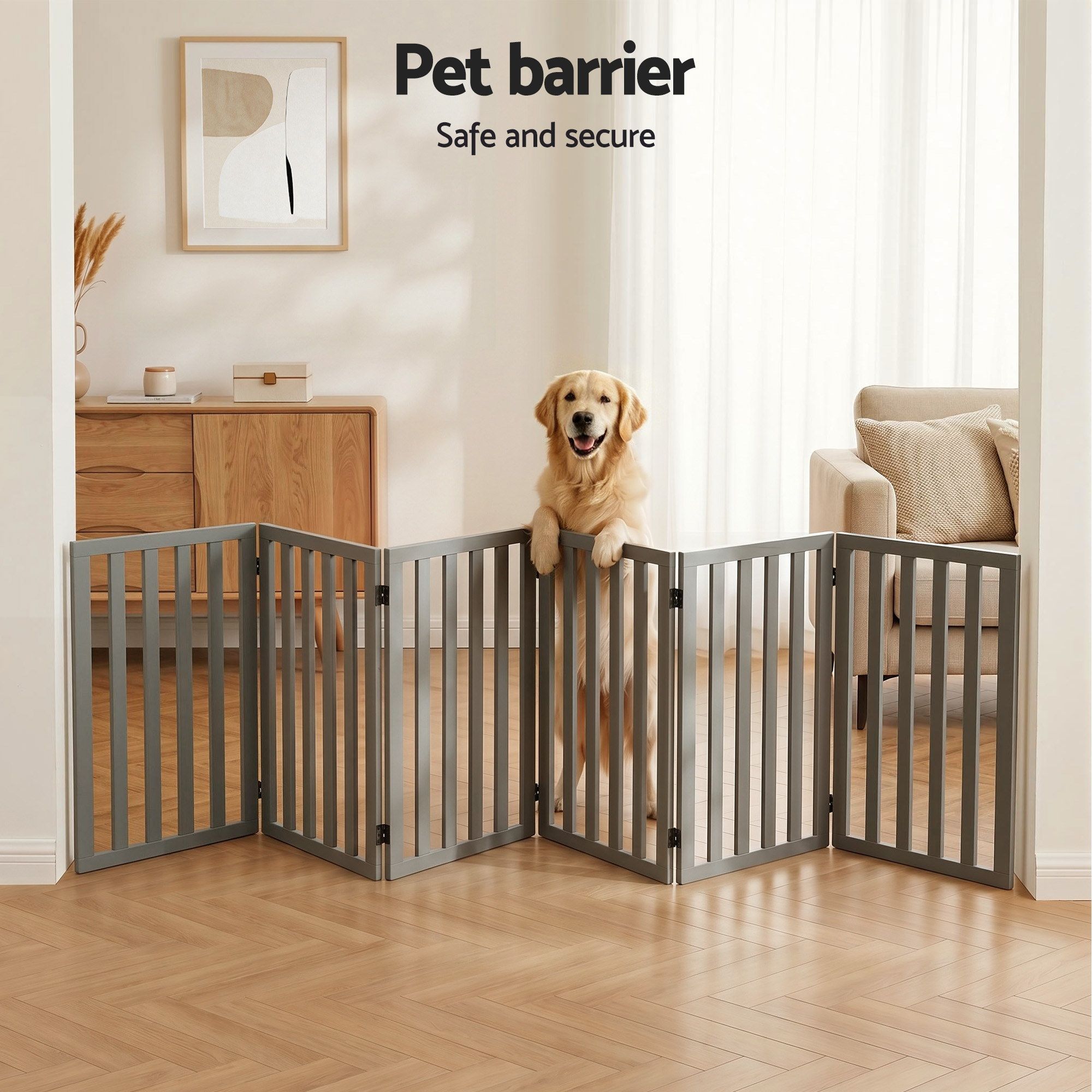 6-Panel Wooden Dog Gate Playpen Enclosure with Pet Door - Grey - Pet Care > Dog Supplies > Dog Playpens & Gates - Rivercity House & Home Co. (ABN 18 642 972 209) - Affordable Modern Furniture Australia