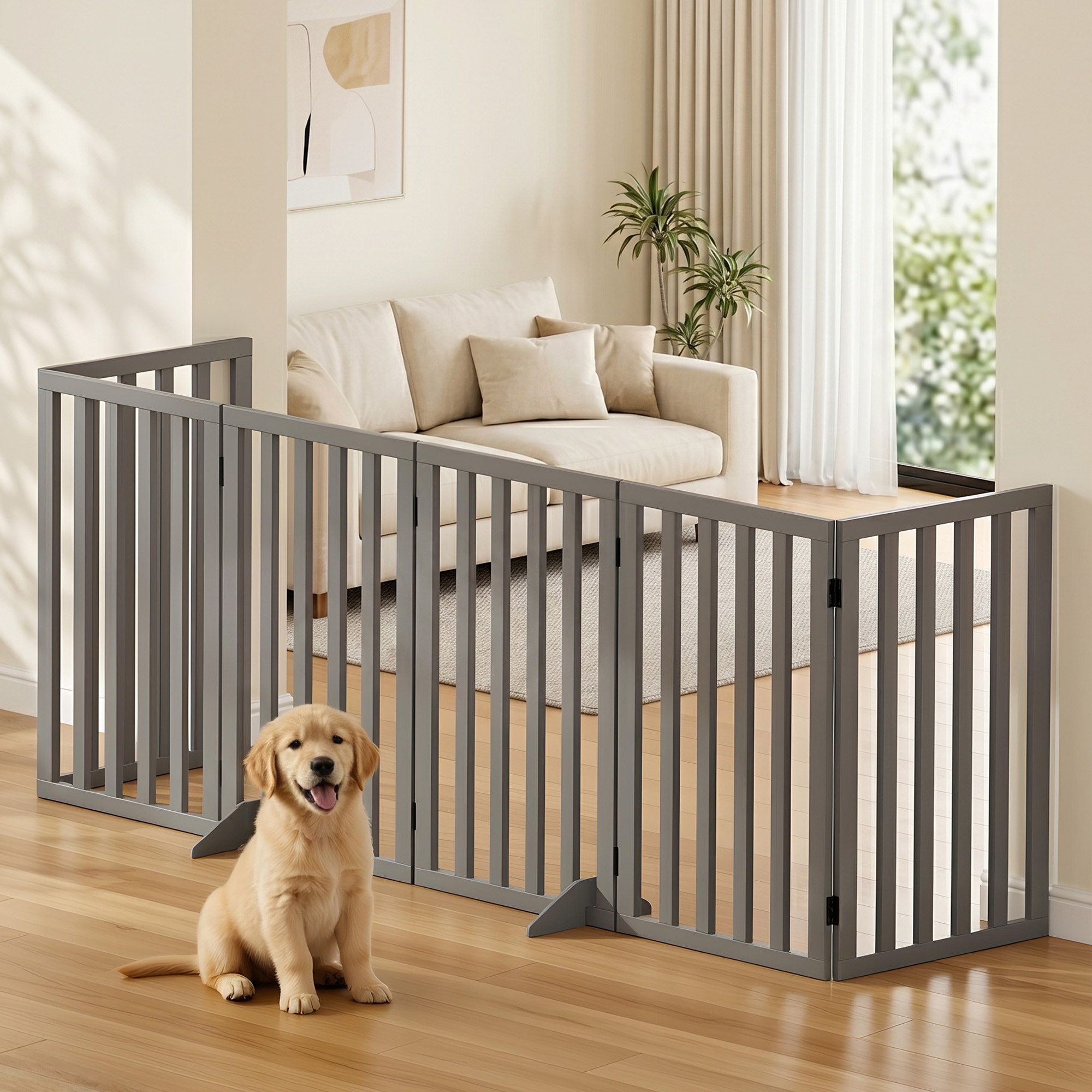 6-Panel Wooden Dog Gate Playpen Enclosure with Pet Door - Grey - Pet Care > Dog Supplies > Dog Playpens & Gates - Rivercity House & Home Co. (ABN 18 642 972 209) - Affordable Modern Furniture Australia