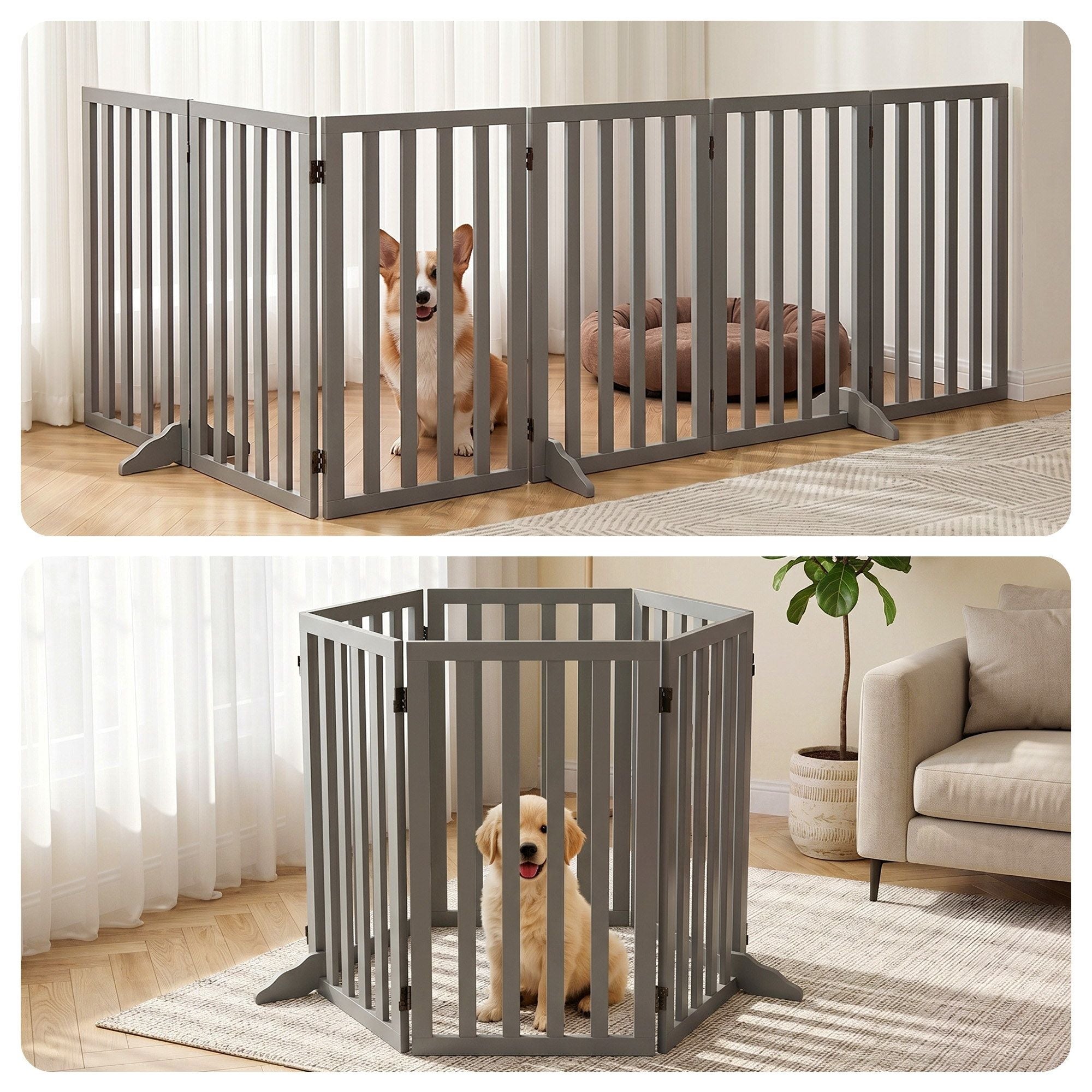 6-Panel Wooden Dog Gate Playpen Enclosure with Pet Door - Grey - Pet Care > Dog Supplies > Dog Playpens & Gates - Rivercity House & Home Co. (ABN 18 642 972 209) - Affordable Modern Furniture Australia