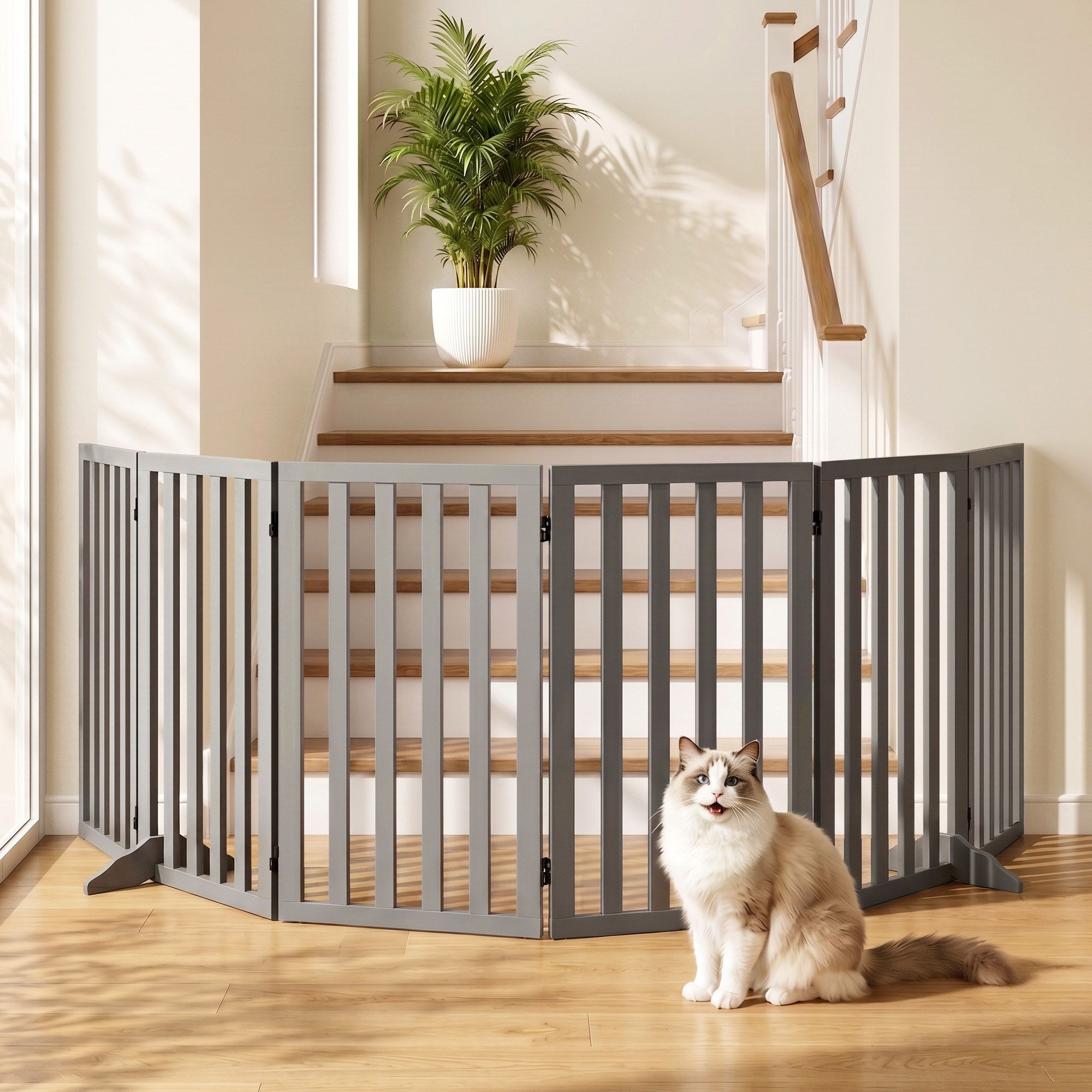 6-Panel Wooden Dog Gate Playpen Enclosure with Pet Door - Grey - Pet Care > Dog Supplies > Dog Playpens & Gates - Rivercity House & Home Co. (ABN 18 642 972 209) - Affordable Modern Furniture Australia