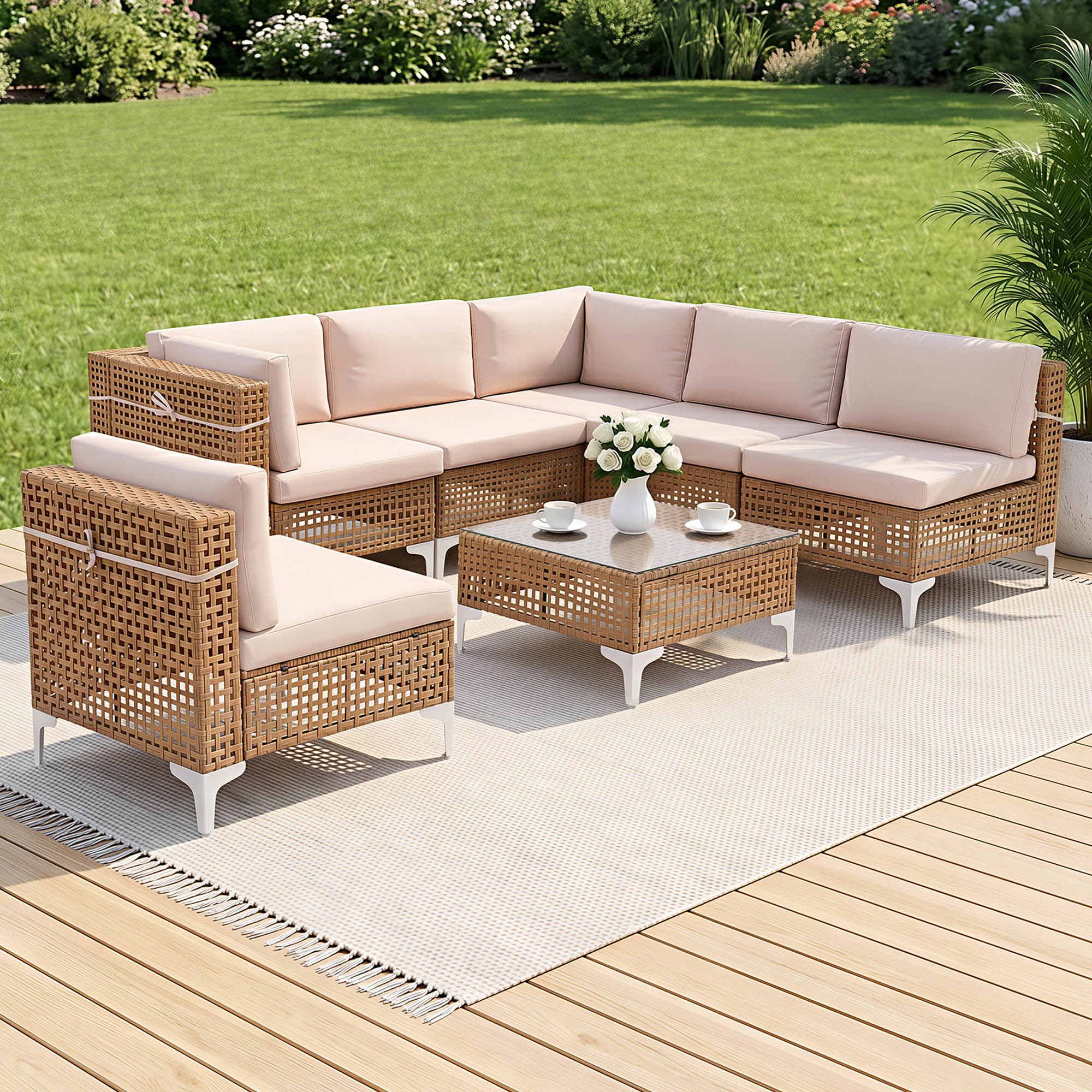 6 Seater Outdoor Sofa Set 7PCS Table Chair Set Garden Rattan Patio Furniture - Furniture > Outdoor > Outdoor Sofas & Lounge Sets - Rivercity House & Home Co. (ABN 18 642 972 209) - Affordable Modern Furniture Australia