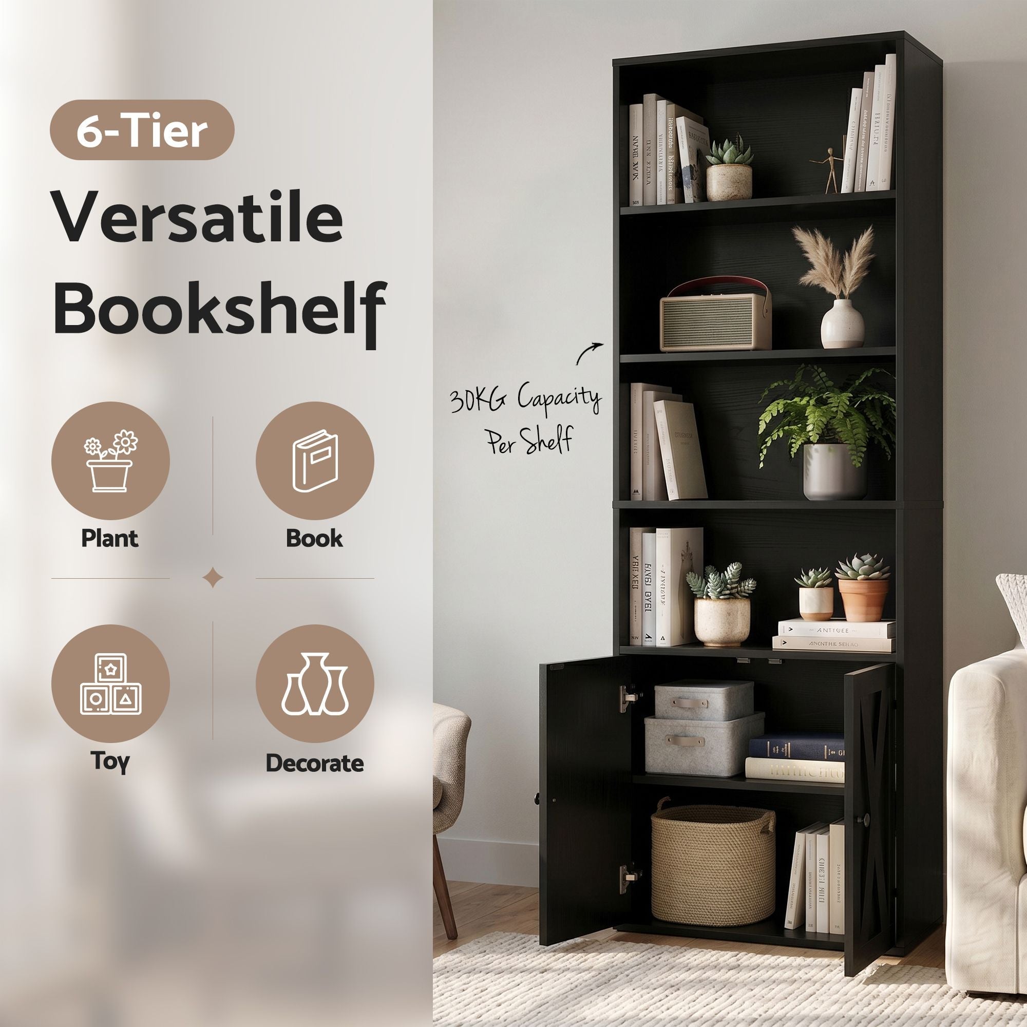 6 - Tier Bookshelf Display Cabinet Storage Black - Furniture > Living Room > Bookcases & Shelves - Rivercity House & Home Co. (ABN 18 642 972 209) - Affordable Modern Furniture Australia