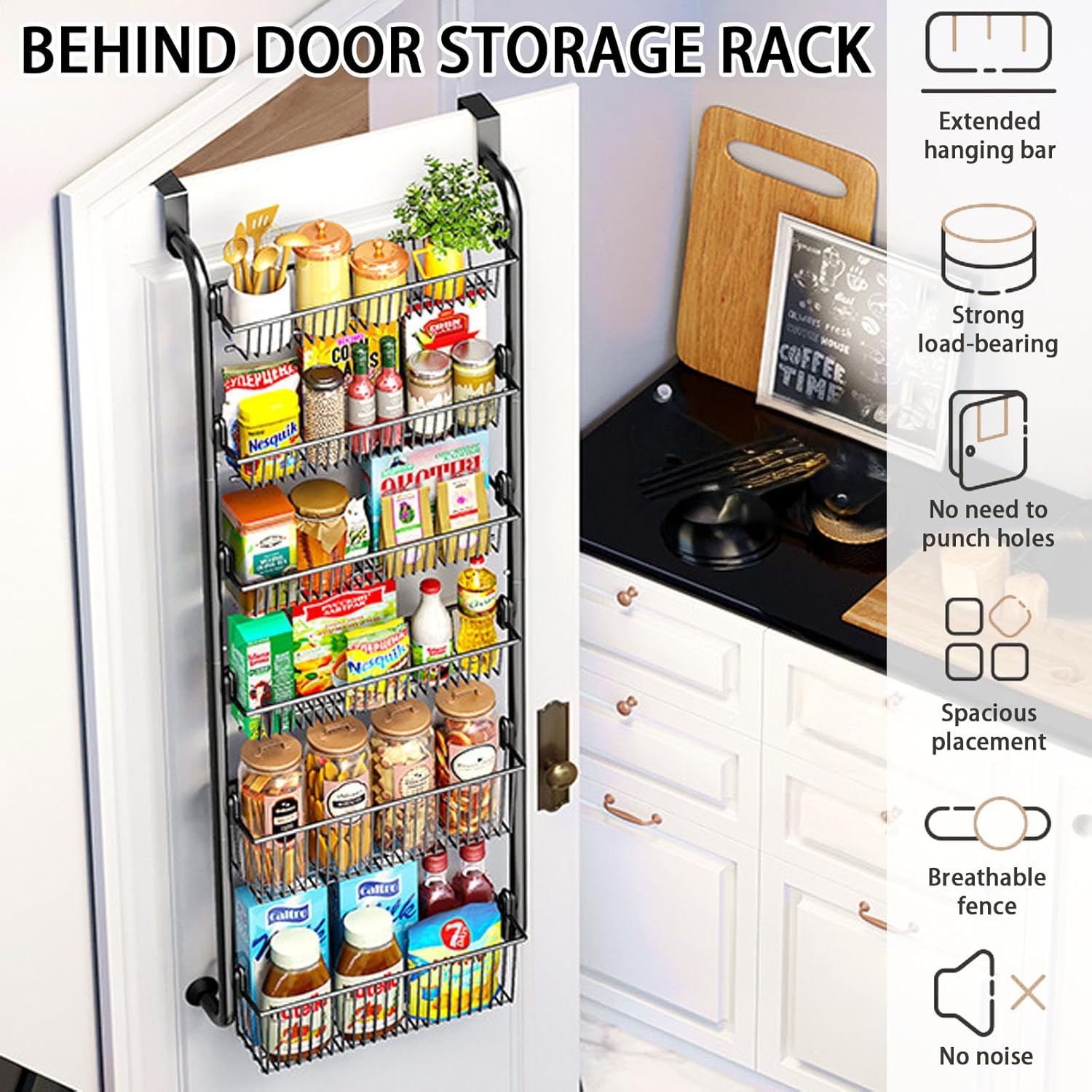 6 - Tier Heavy - Duty Metal Over the Door Organiser Pantry Rack with Hanging Baskets - Black - Home & Garden > Bathroom Accessories > Towel Racks & Holders - Rivercity House & Home Co. (ABN 18 642 972 209) - Affordable Modern Furniture Australia