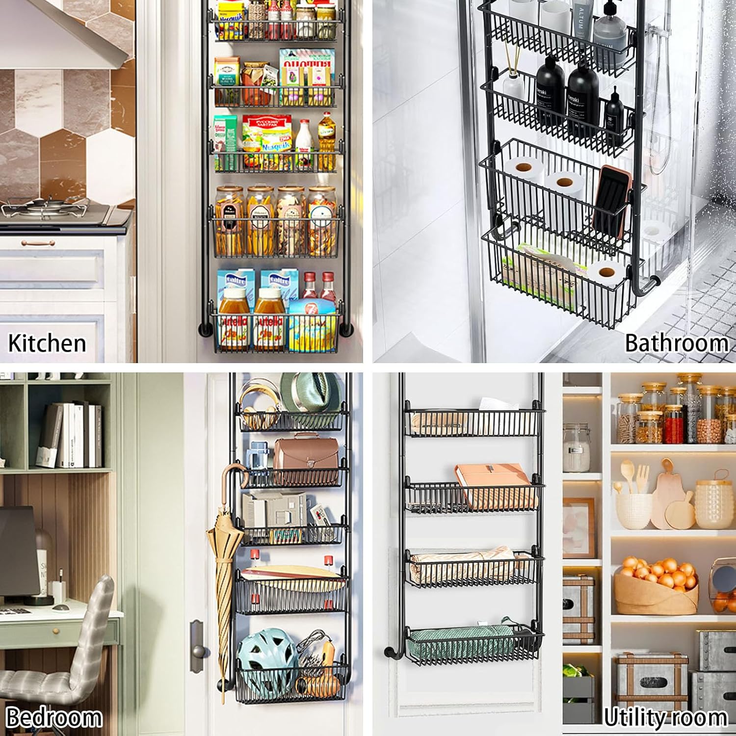 6 - Tier Heavy - Duty Metal Over the Door Organiser Pantry Rack with Hanging Baskets - Black - Home & Garden > Bathroom Accessories > Towel Racks & Holders - Rivercity House & Home Co. (ABN 18 642 972 209) - Affordable Modern Furniture Australia