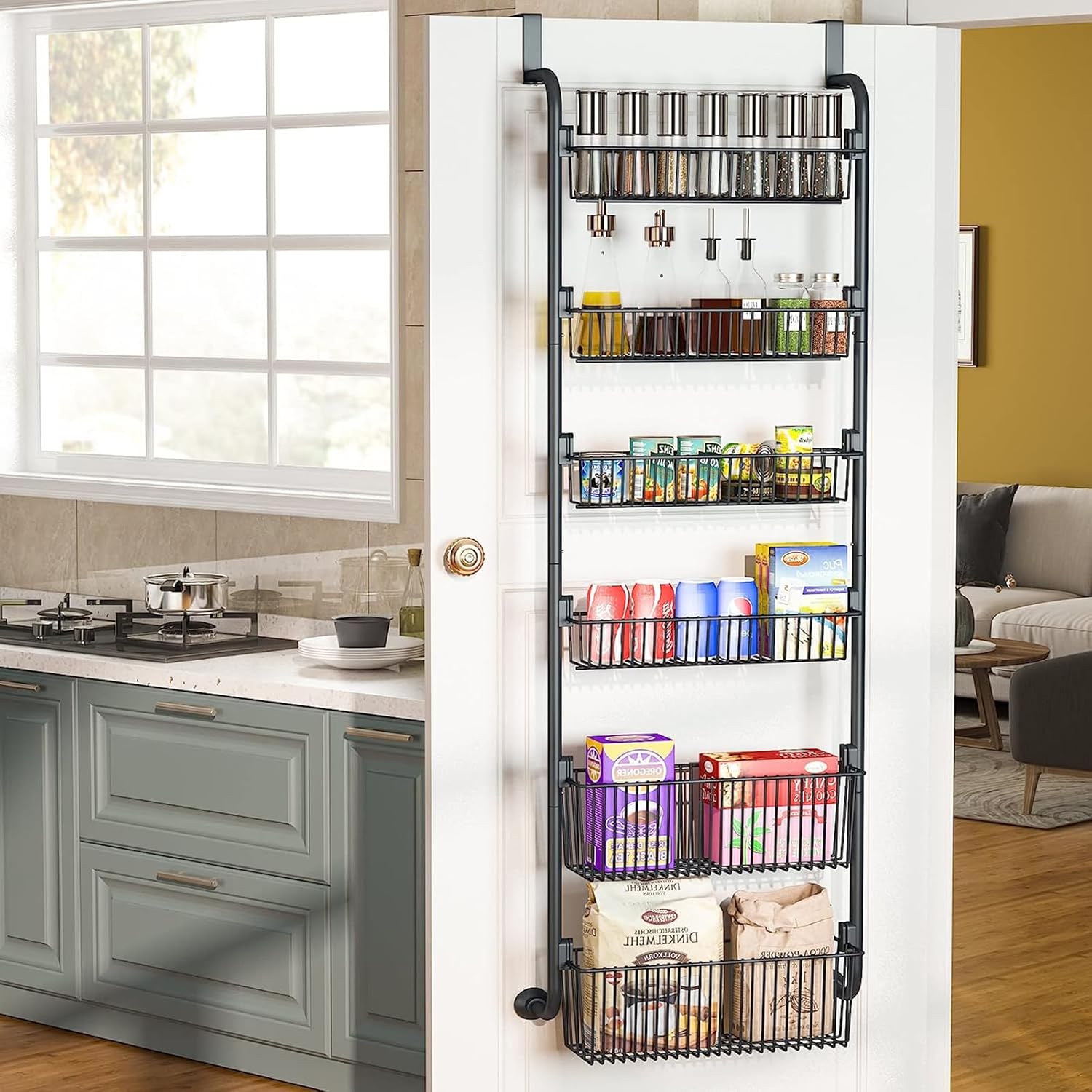 6 - Tier Heavy - Duty Metal Over the Door Organiser Pantry Rack with Hanging Baskets - Black - Home & Garden > Bathroom Accessories > Towel Racks & Holders - Rivercity House & Home Co. (ABN 18 642 972 209) - Affordable Modern Furniture Australia