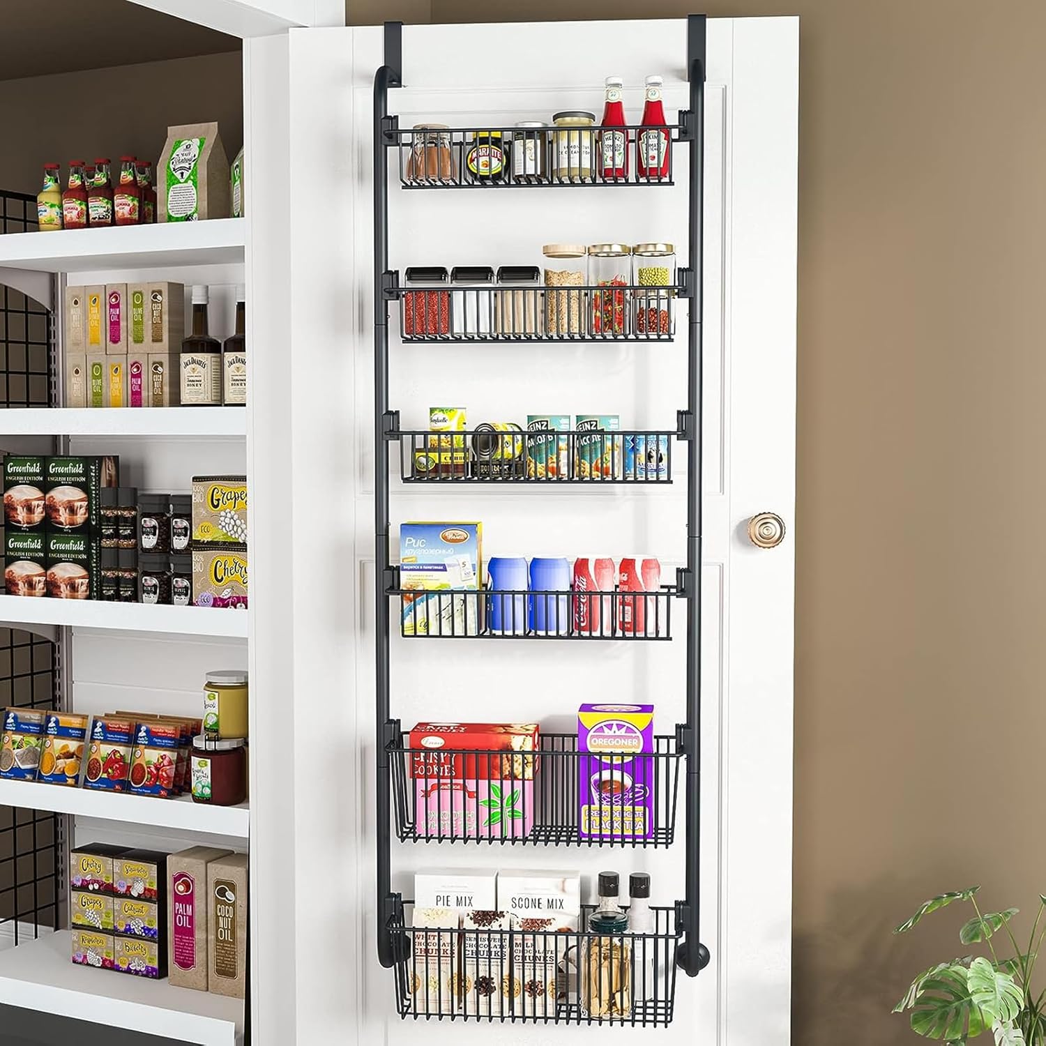 6 - Tier Heavy - Duty Metal Over the Door Organiser Pantry Rack with Hanging Baskets - Black - Home & Garden > Bathroom Accessories > Towel Racks & Holders - Rivercity House & Home Co. (ABN 18 642 972 209) - Affordable Modern Furniture Australia