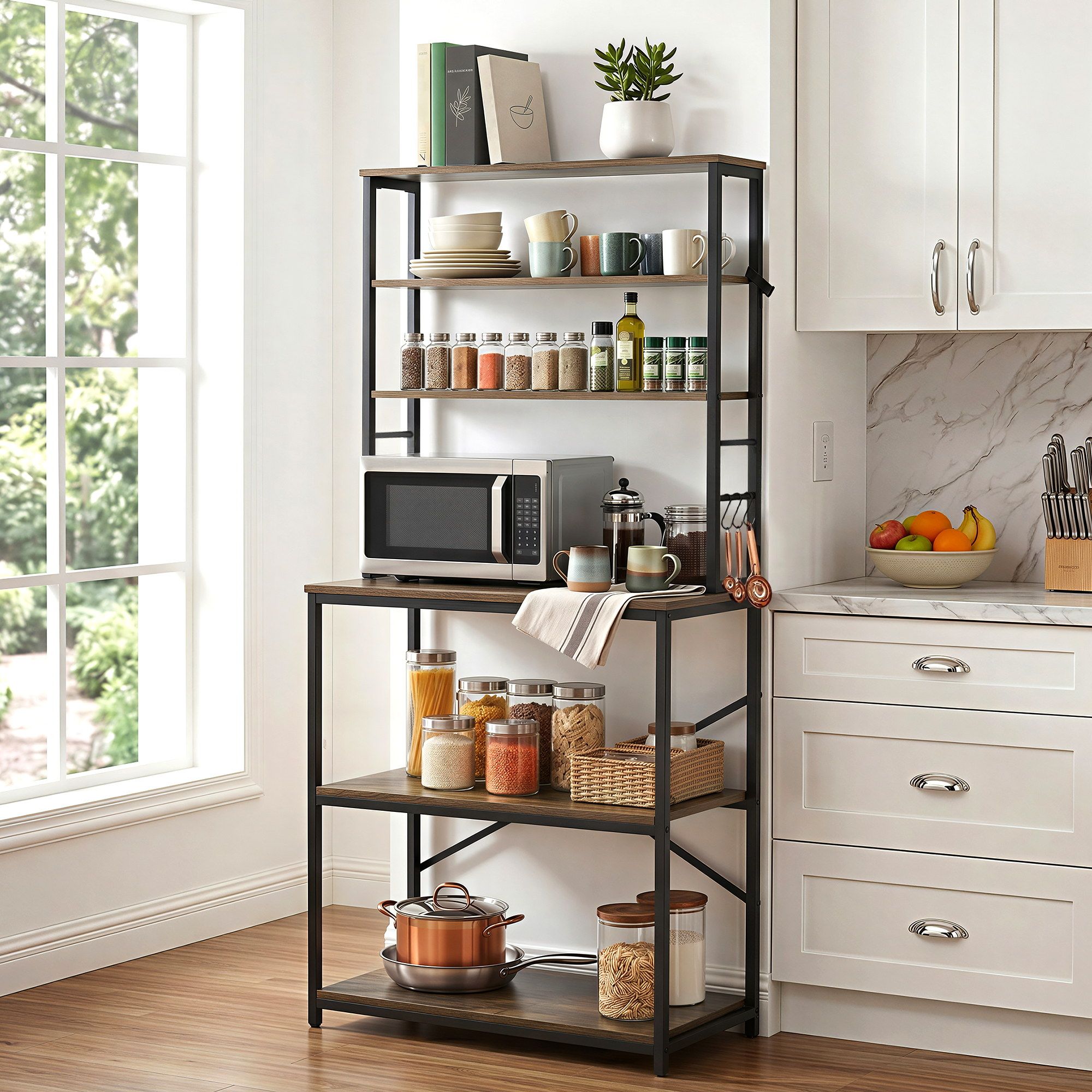 6 - Tier Kitchen Rack with 6 Hooks Microwave Storage Shelf 80cm x 167cm - Home & Garden > Kitchenware > Kitchen Utensils - Rivercity House & Home Co. (ABN 18 642 972 209) - Affordable Modern Furniture Australia