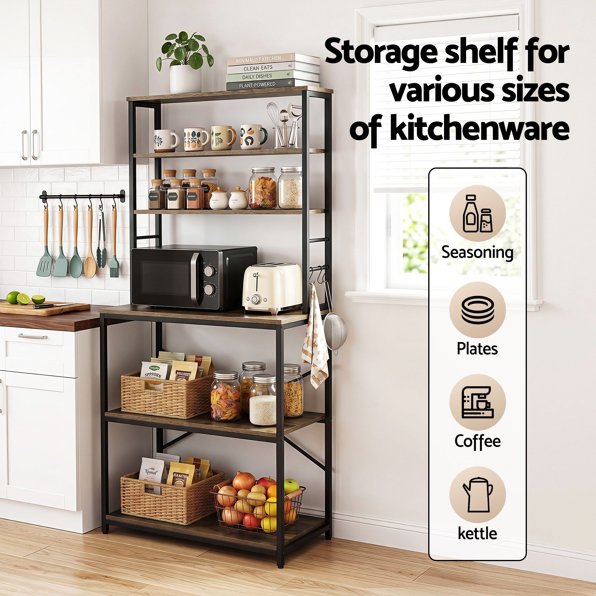 6 - Tier Kitchen Rack with 6 Hooks Microwave Storage Shelf 80cm x 167cm - Home & Garden > Kitchenware > Kitchen Utensils - Rivercity House & Home Co. (ABN 18 642 972 209) - Affordable Modern Furniture Australia