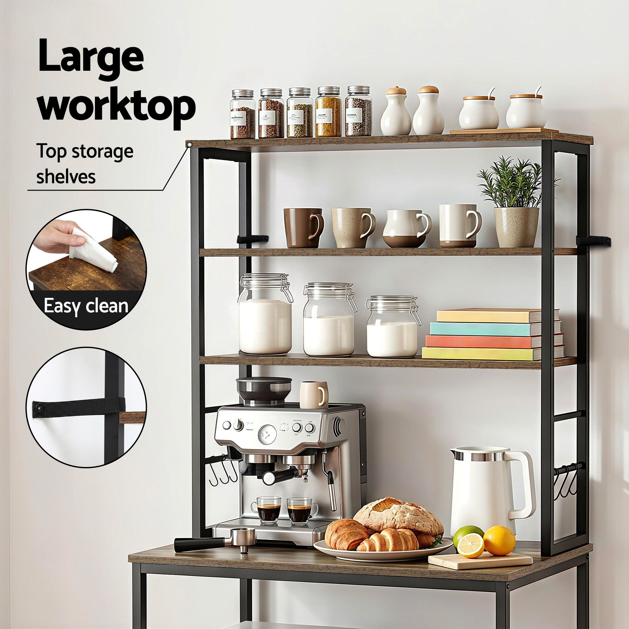 6 - Tier Kitchen Rack with 6 Hooks Microwave Storage Shelf 80cm x 167cm - Home & Garden > Kitchenware > Kitchen Utensils - Rivercity House & Home Co. (ABN 18 642 972 209) - Affordable Modern Furniture Australia