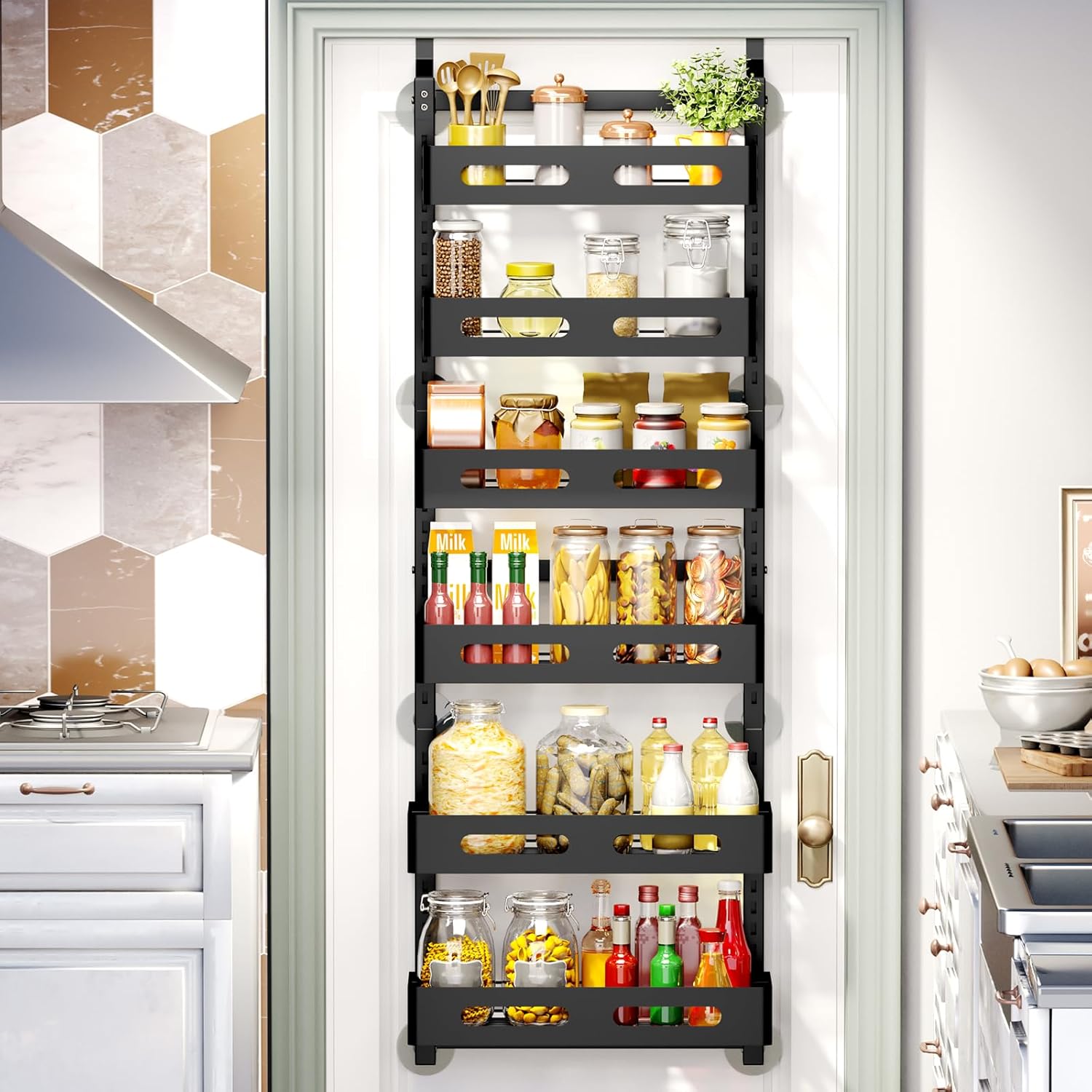 6 Tier Over the Door Organizer with Adjustable Metal Pantry Storage Rack and Hanging Baskets for Kitchen and Bathroom - Home & Garden > Storage > Clothing & Wardrobe Storage - Rivercity House & Home Co. (ABN 18 642 972 209) - Affordable Modern Furniture Australia